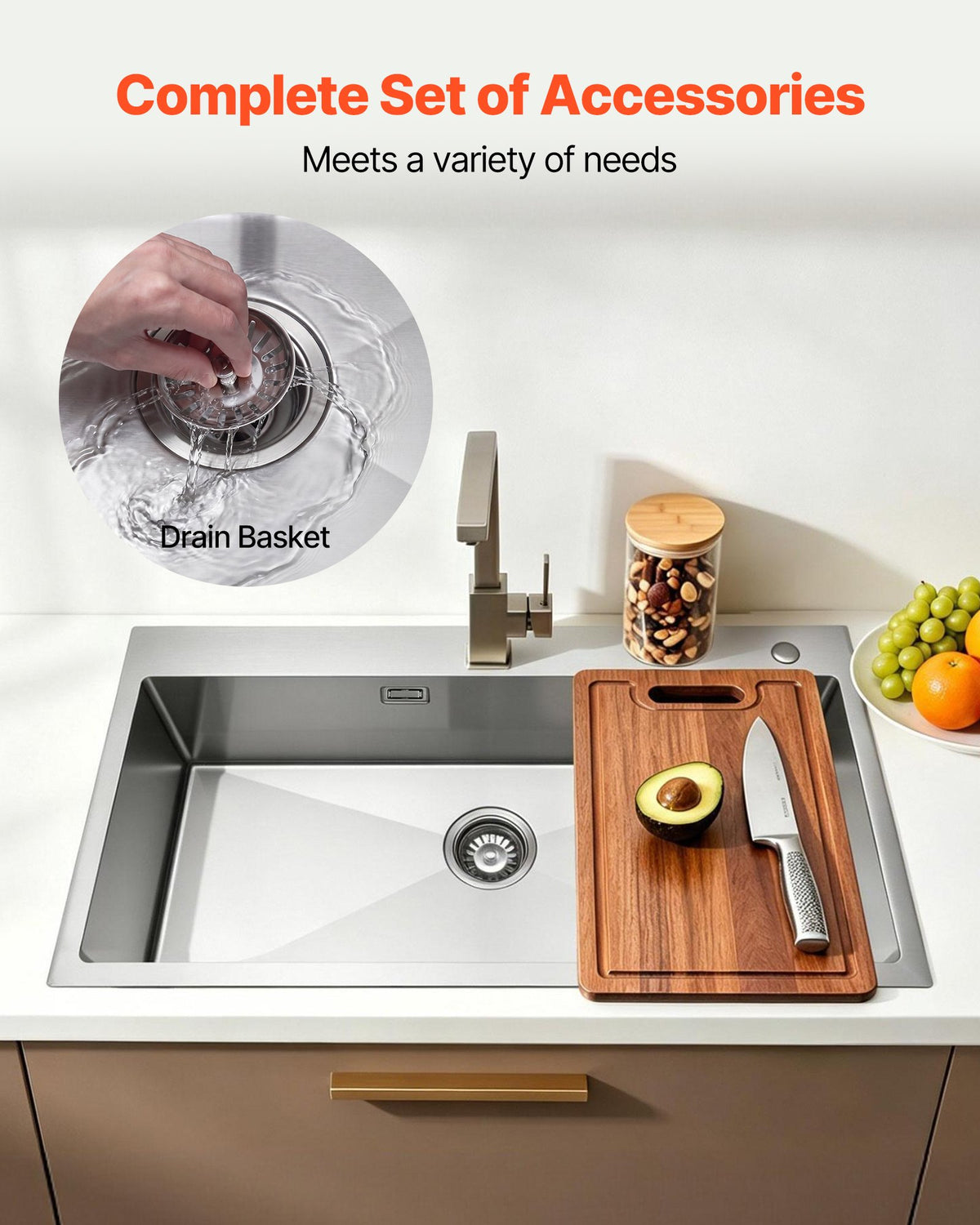 VEVOR 85cm Kitchen Top Mount Single Bowl Sinks, Stainless Steel Drop-In Farmhouse Basin with Accessories, Household Dishwasher Sinks for RV, Prep Kitchen, Laundry Room, Bar