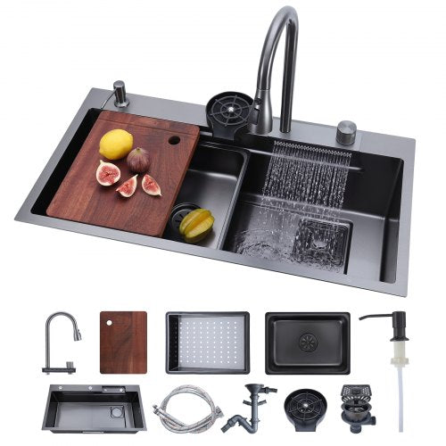VEVOR 85cm Kitchen Top Mount Single Bowl Sinks, Stainless Steel Drop-In Farmhouse Basin with Ledge & Accessories, Household Dishwasher Sinks for RV, Prep Kitchen, Laundry Room, Bar