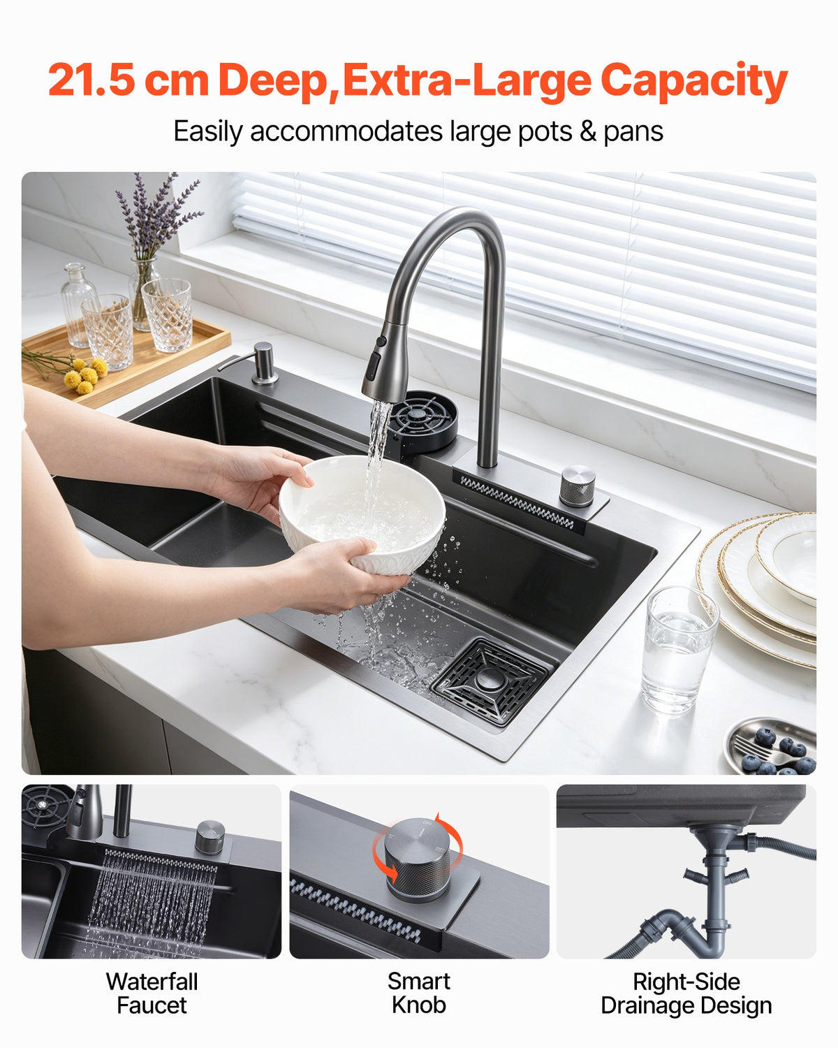 VEVOR 85cm Kitchen Top Mount Single Bowl Sinks, Stainless Steel Drop-In Farmhouse Basin with Ledge & Accessories, Household Dishwasher Sinks for RV, Prep Kitchen, Laundry Room, Bar