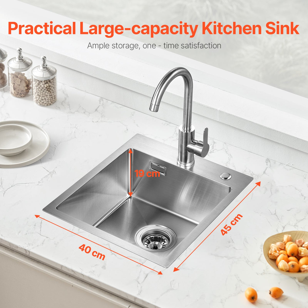 VEVOR 40cm Kitchen Sink Workstation, 304 Stainless Steel Top Mount Sinks, Drop-In Single Bowl Farmhouse Basin with Accessories, Household Dishwasher Sinks for RV, Prep Kitchen, Laundry Room, Bar