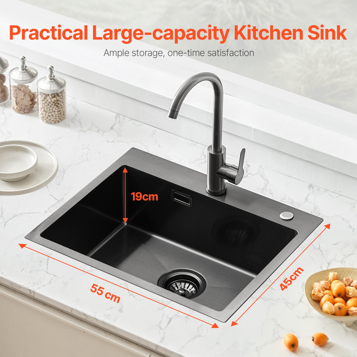 VEVOR 55cm Kitchen Sink Workstation, 304 Stainless Steel Top Mount Sinks, Drop-In Single Bowl Farmhouse Basin with Accessories, Household Dishwasher Sinks for RV, Prep Kitchen, and Bar (Black)
