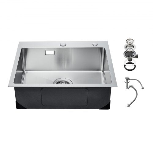 VEVOR 68cm Kitchen Sink Workstation, 304 Stainless Steel Top Mount Sinks, Drop-In Single Bowl Farmhouse Basin with Accessories, Household Dishwasher Sinks for RV, Prep Kitchen, Laundry Room, Bar