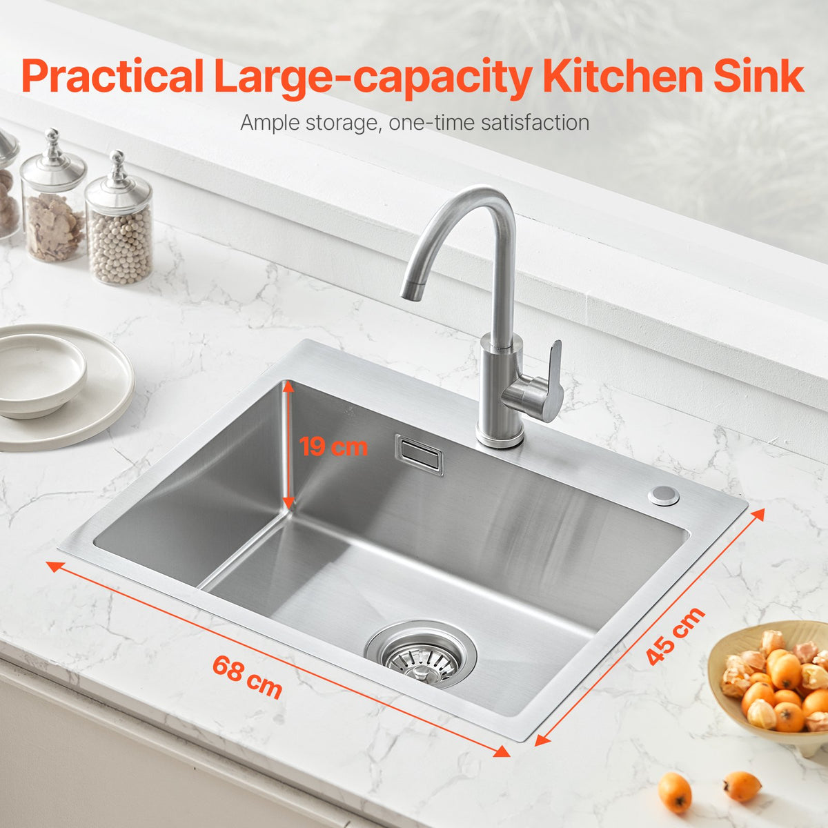 VEVOR 68cm Kitchen Sink Workstation, 304 Stainless Steel Top Mount Sinks, Drop-In Single Bowl Farmhouse Basin with Accessories, Household Dishwasher Sinks for RV, Prep Kitchen, Laundry Room, Bar