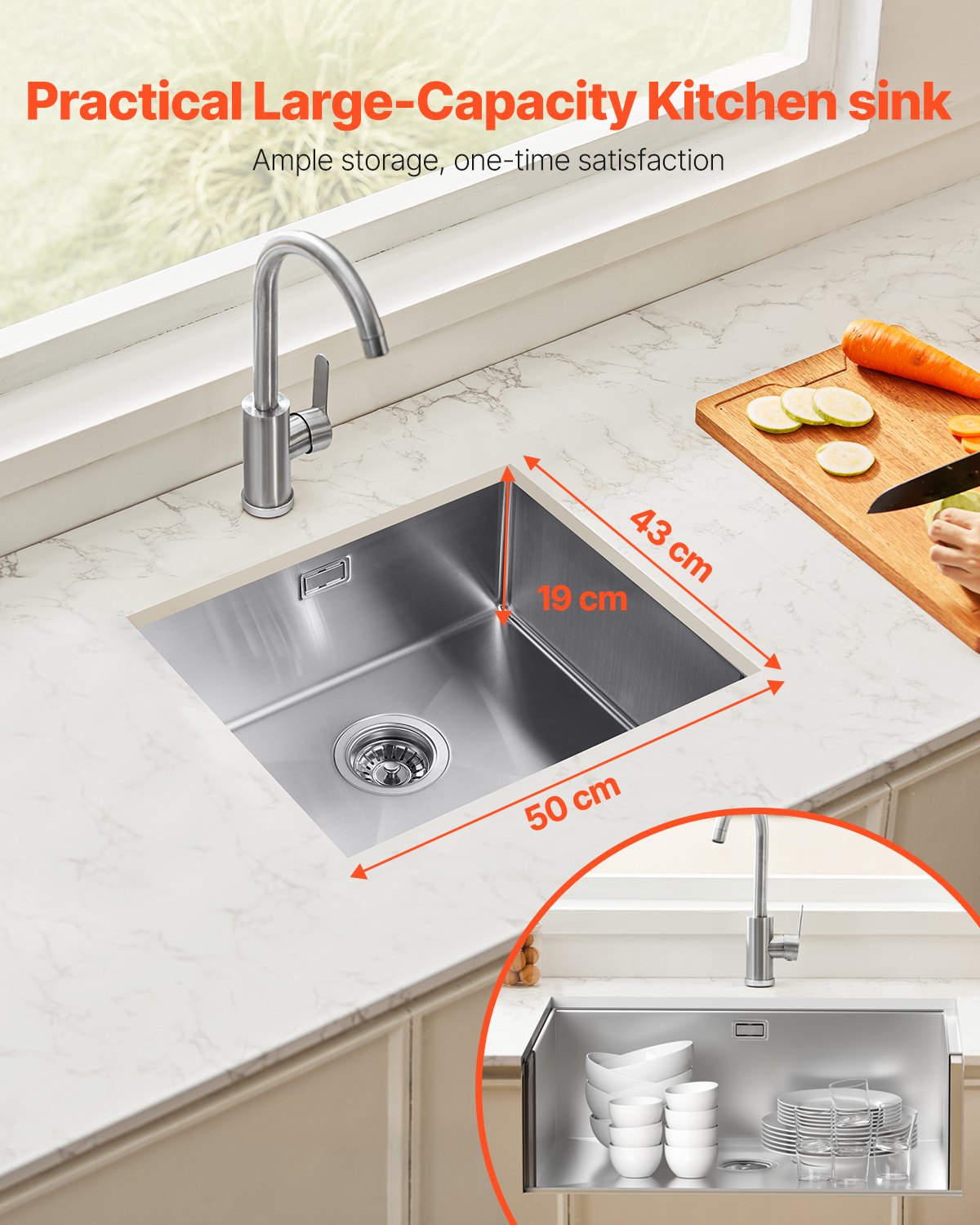 VEVOR 50cm Kitchen Sink Workstation, 304 Stainless Steel Undermount Sinks, Drop-In Single Bowl Farmhouse Basin with Accessories, Household Dishwasher Sinks for RV, Prep Kitchen, Laundry Room, Bar