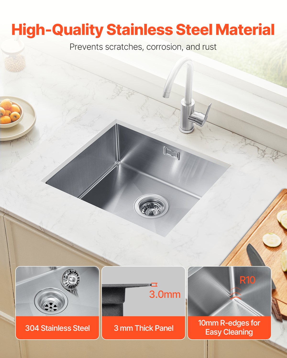 VEVOR 50cm Kitchen Sink Workstation, 304 Stainless Steel Undermount Sinks, Drop-In Single Bowl Farmhouse Basin with Accessories, Household Dishwasher Sinks for RV, Prep Kitchen, Laundry Room, Bar