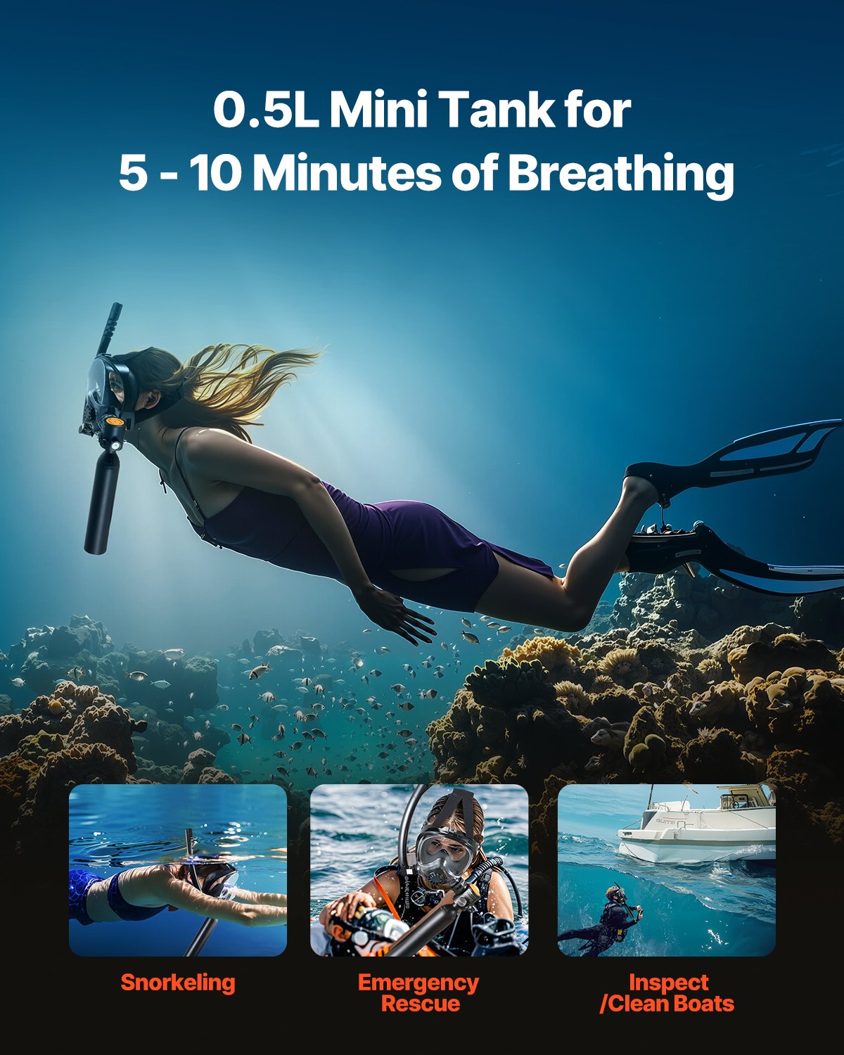 VEVOR Scuba Tank, 0.5L Portable Scuba Diving Tank, Diving Oxygen Cylinder Supports 5-10 Minutes Underwater Breathing, 32.81 ft Diving Depth, Lung Tank Kit with Snorkel Mask for Underwater Exploration