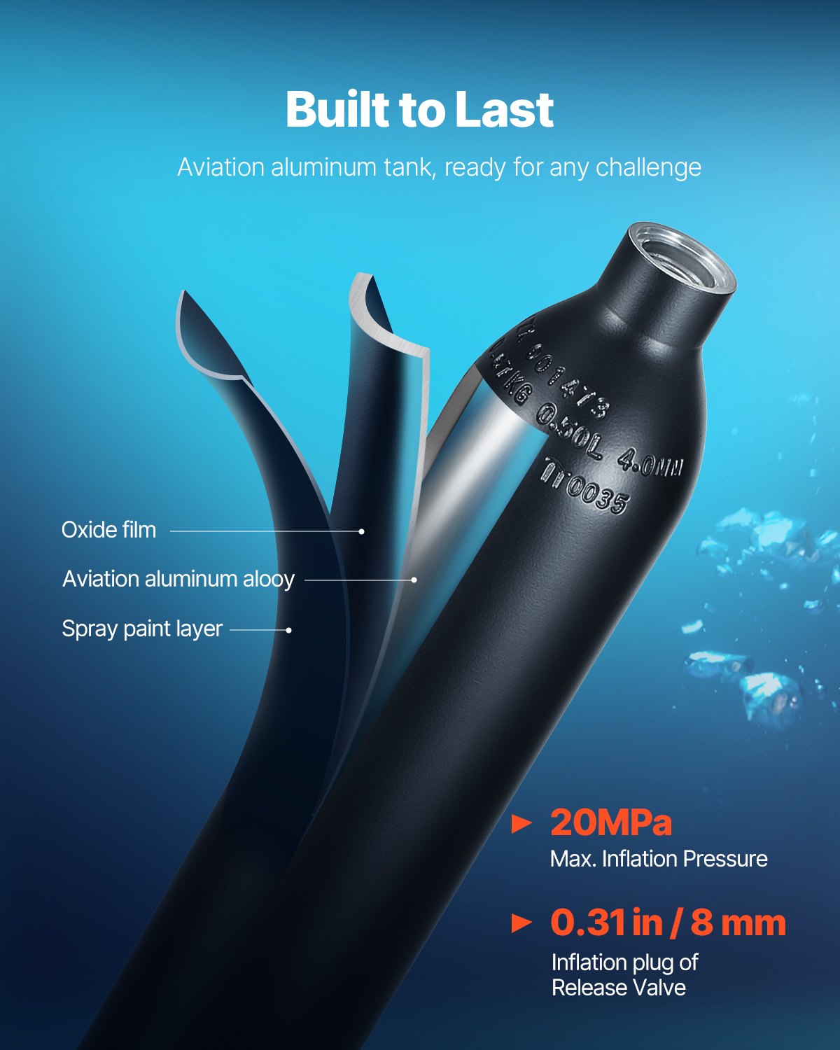 VEVOR Scuba Tank, 0.5L Portable Scuba Diving Tank, Diving Oxygen Cylinder Supports 5-10 Minutes Underwater Breathing, 32.81 ft Diving Depth, Lung Tank Kit with Snorkel Mask for Underwater Exploration
