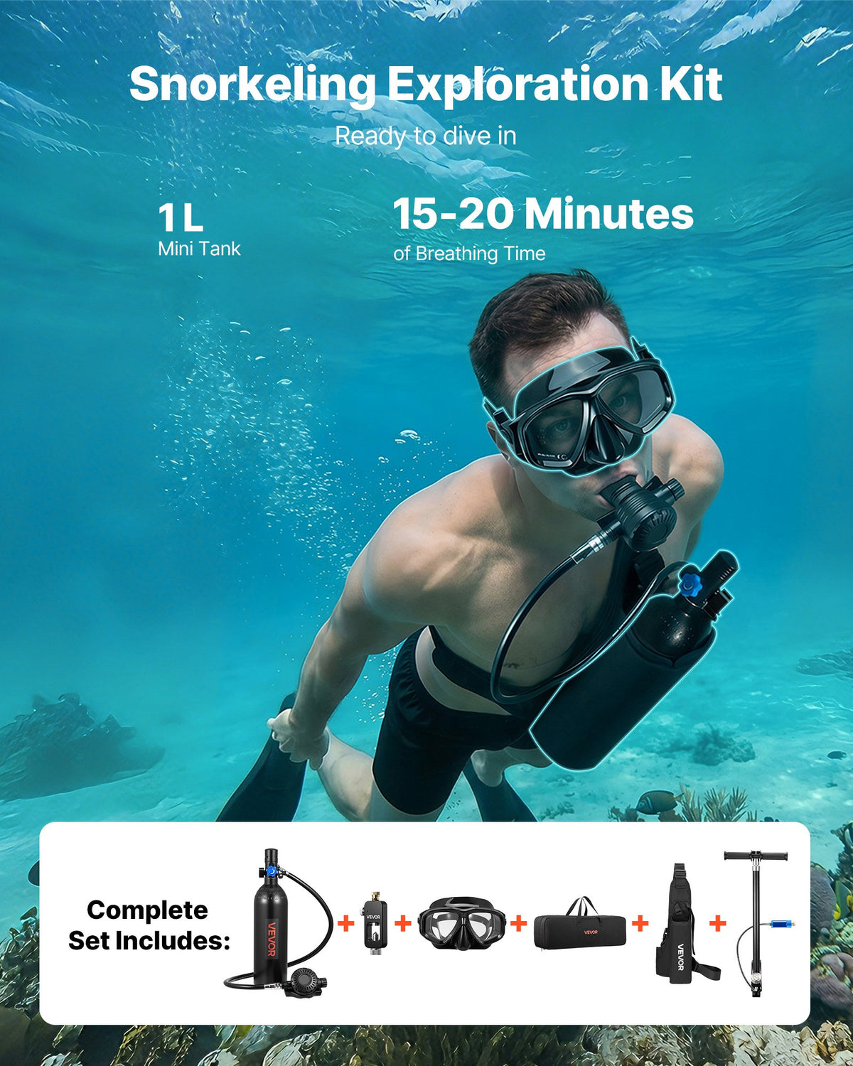 VEVOR Mini Scuba Tank, 1L Portable Diving Tank for Underwater Breathing, Reusable Lung Diving Cylinder up to 20 Minutes Dive Time, Emergency Rescue Pony Bottle with Adapter & Goggles for Snorkeling
