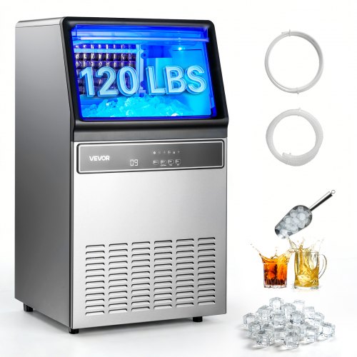 VEVOR Commercial Ice Maker Machine, 59kg/24H with 15kg Storage, 45 Cubes per Cycle, Stainless Steel Freestanding & Under Counter Ice Maker with LED Display & Self-Cleaning, for Home Bar Restaurant
