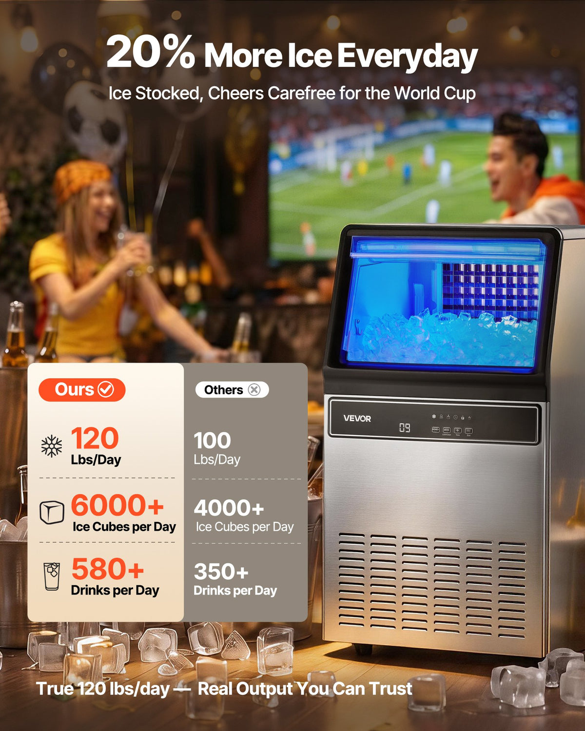 VEVOR Commercial Ice Maker Machine, 59kg/24H with 15kg Storage, 45 Cubes per Cycle, Stainless Steel Freestanding & Under Counter Ice Maker with LED Display & Self-Cleaning, for Home Bar Restaurant