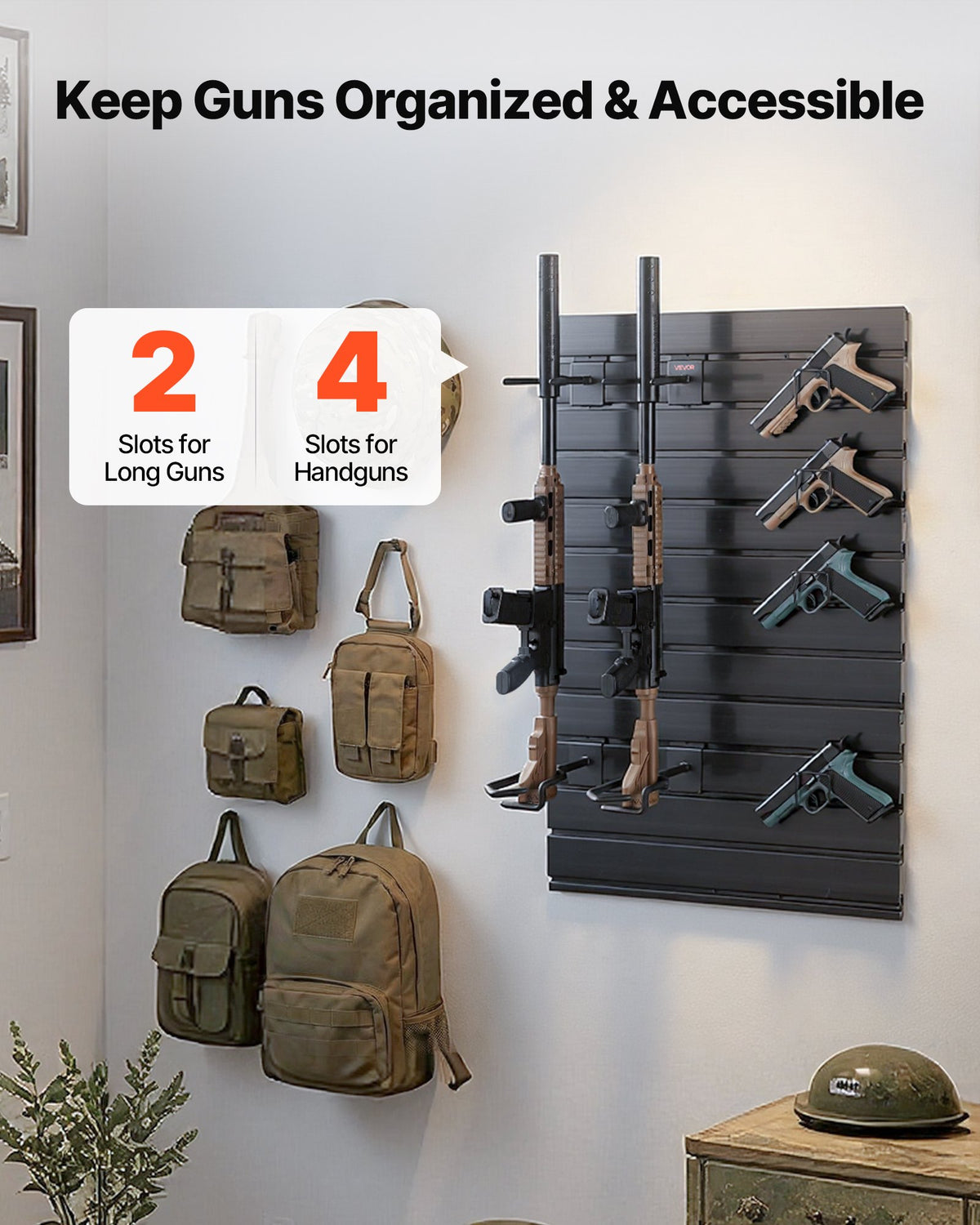 VEVOR Gun Rack, Wall Mount, Tactical Rifle Shotgun Handgun Storage, Heavy-Duty PVC Panels & Steel Wall Racks, Securely Holds up to 2 Rifles & 4 Pistols, Modular Firearms Gun Gear Accessories Organizer