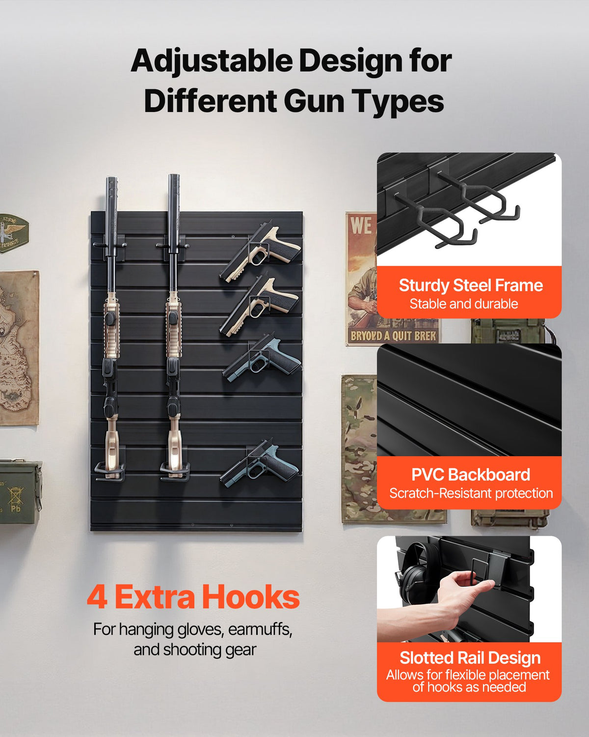 VEVOR Gun Rack, Wall Mount, Tactical Rifle Shotgun Handgun Storage, Heavy-Duty PVC Panels & Steel Wall Racks, Securely Holds up to 2 Rifles & 4 Pistols, Modular Firearms Gun Gear Accessories Organizer