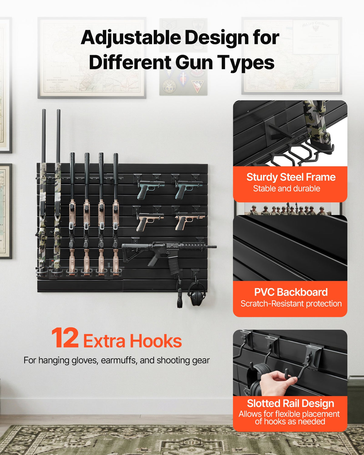 VEVOR Gun Rack, Wall Mount, Heavy-Duty Steel Tactical Rifle Carbine Shotgun Handgun Storage Rack, Securely Holds up to 6 Rifles and 6 Pistols, Modular Firearms Gun Wall Gear Accessories Organizer