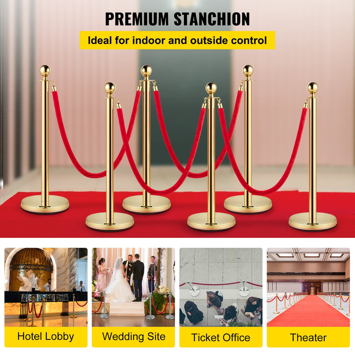 VEVOR Stanchion Post with Velvet Rope, 6-Pack Crowd Control Stanchion with 4PCS 5FT Red Velvet Ropes, Stainless Steel Queue Barrier Line Divider with Ball Top for Events, Museums, Parties