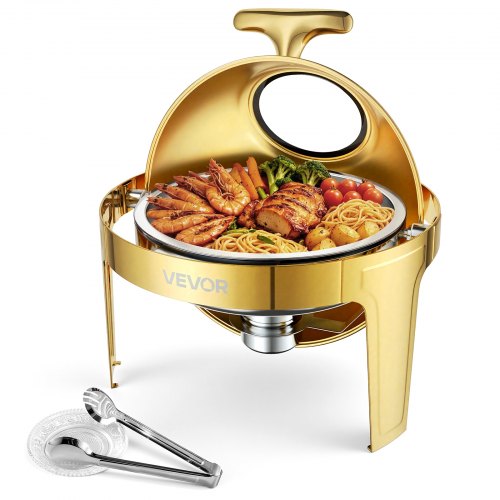 VEVOR 1 Pack Chafing Dish for Buffet Set, 6QT/ 5.7L Stainless Steel Chafer, for Banquet Party Wedding  Catering Event, Round Roll Top Buffet Servers and Warmers, with 1 Pot, Glass Lid, Tong, Glass Pad