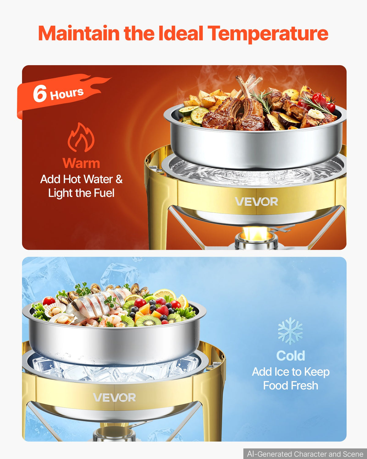 VEVOR 1 Pack Chafing Dish for Buffet Set, 6QT/ 5.7L Stainless Steel Chafer, for Banquet Party Wedding  Catering Event, Round Roll Top Buffet Servers and Warmers, with 1 Pot, Glass Lid, Tong, Glass Pad