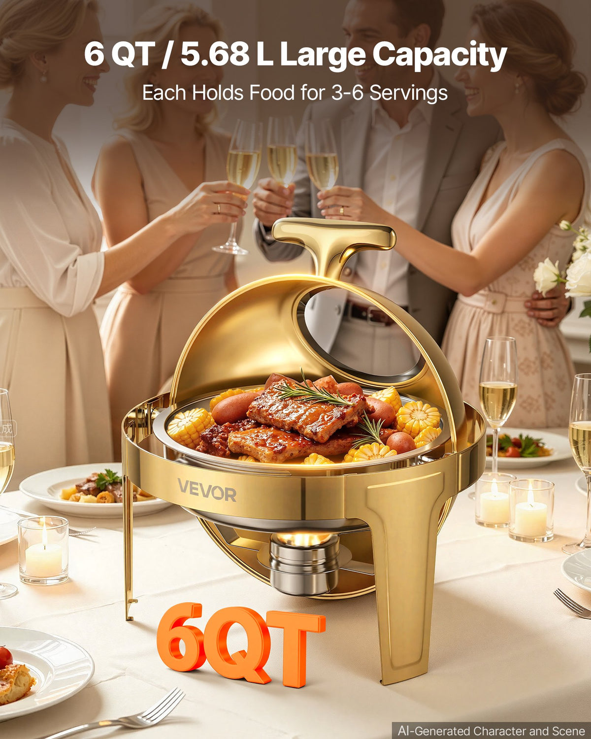 VEVOR 1 Pack Chafing Dish for Buffet Set, 6QT/ 5.7L Stainless Steel Chafer, for Banquet Party Wedding  Catering Event, Round Roll Top Buffet Servers and Warmers, with 1 Pot, Glass Lid, Tong, Glass Pad