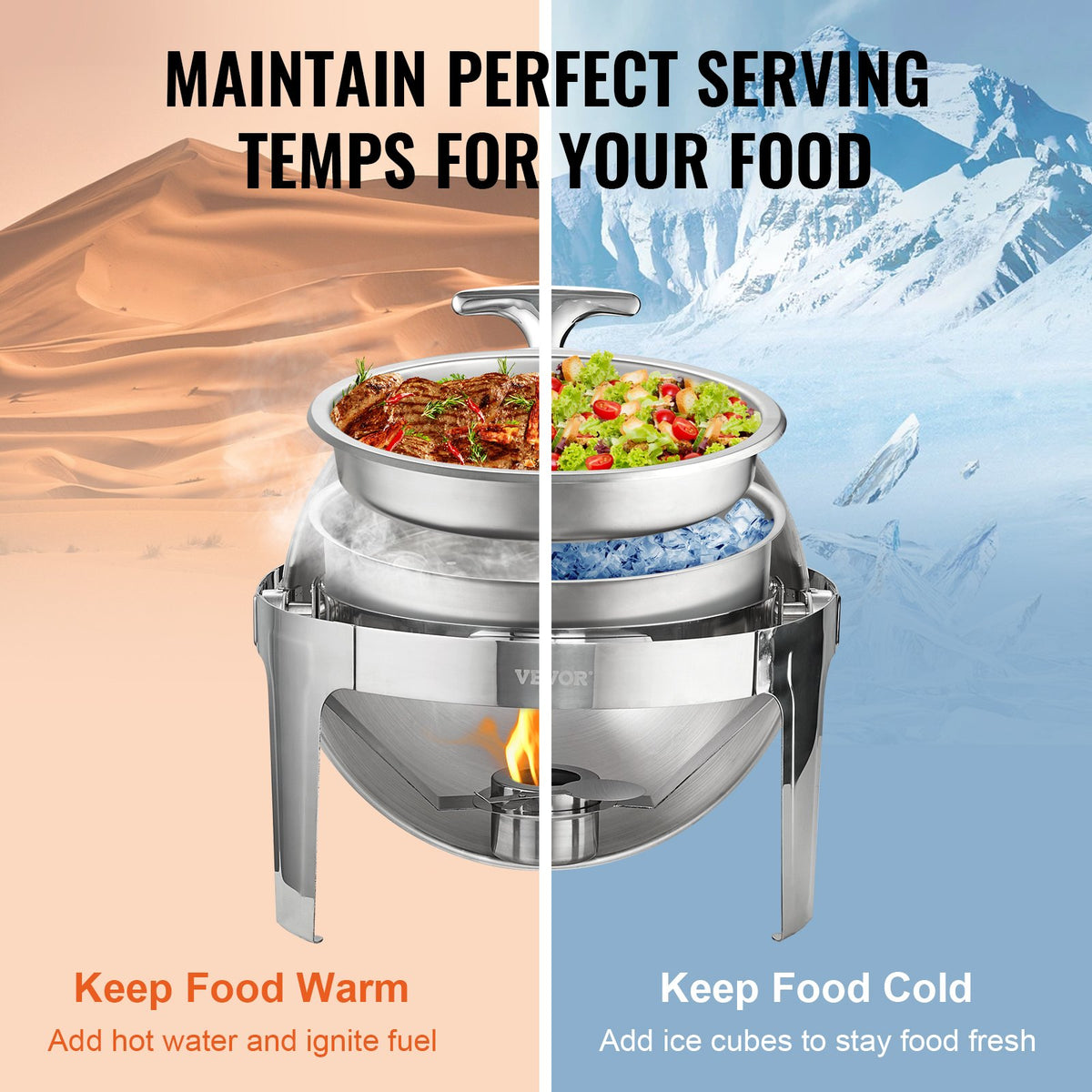 VEVOR Roll Top Chafing Dish Buffet Set, 6 Qt 2 Pack, Stainless Steel Chafer with 2 Full Size Pans, Round Catering Warmer Server with Lid Water Pan Stand Fuel Holder, for at Least 5 People