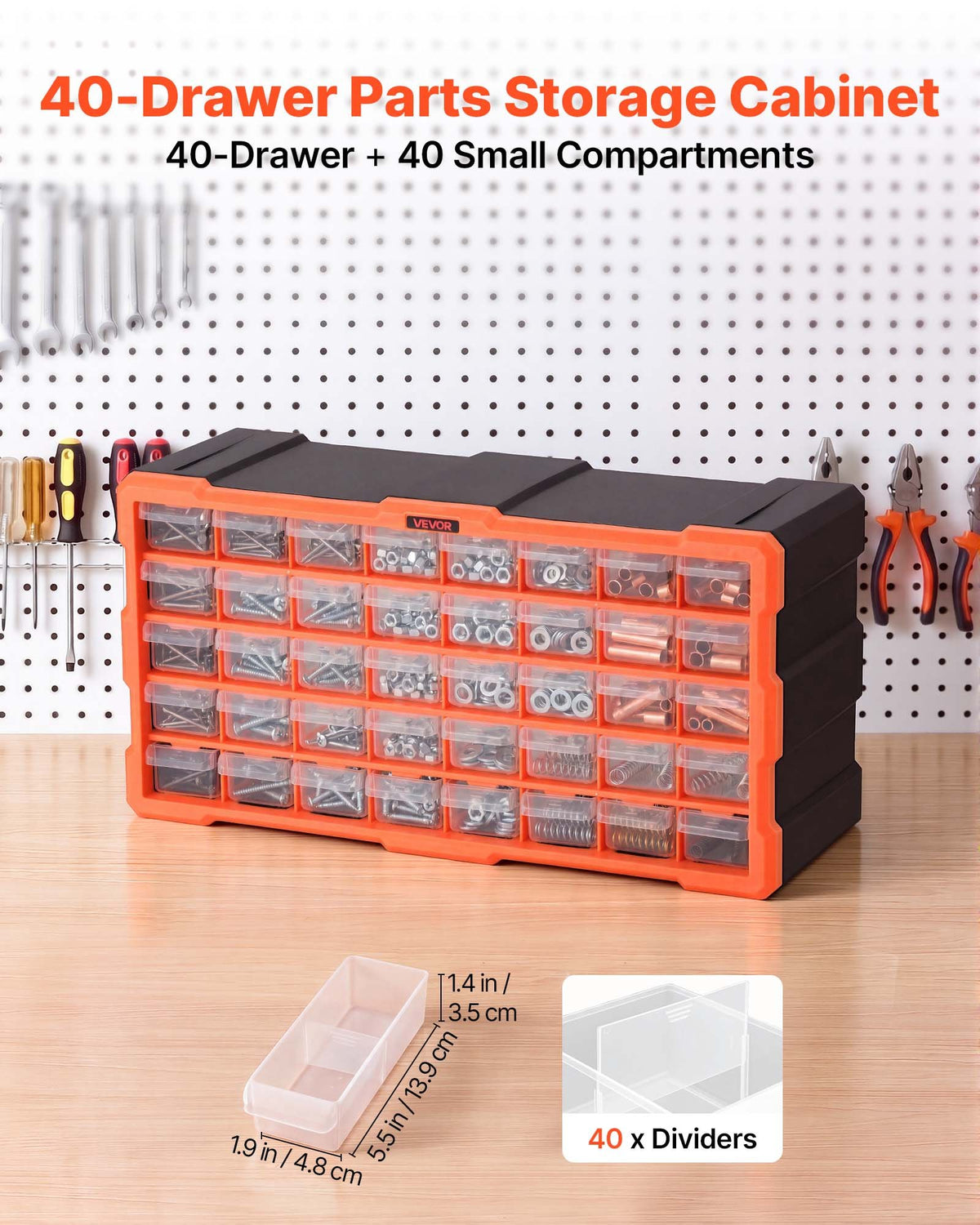 VEVOR 40-Drawer Storage Organizer, Plastic, Drawer Storage Cabinet for Garage Organization, Stackable Small Parts Organizer, Wall-Mounted Toolbox, for Hardware, Beads, Screws, Crafts, Building Bricks