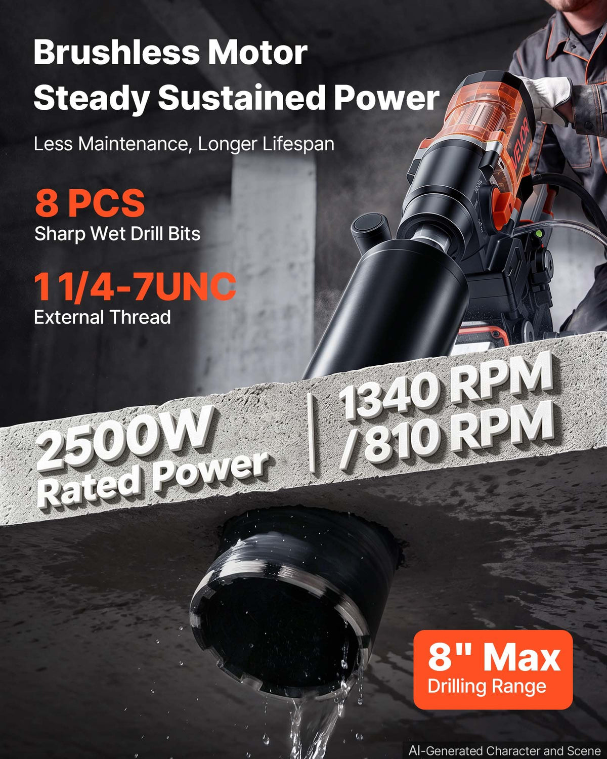 VEVOR Diamond Core Drilling Machine 8 Drill Bits 25-202mm Drilling Capacity, Dry & Wet Drilling, Brushless Core Drill Rig with Stand, 2500W 810RPM/1340RPM, UNC1 1/4–7 Thread for Concrete Brick Stone