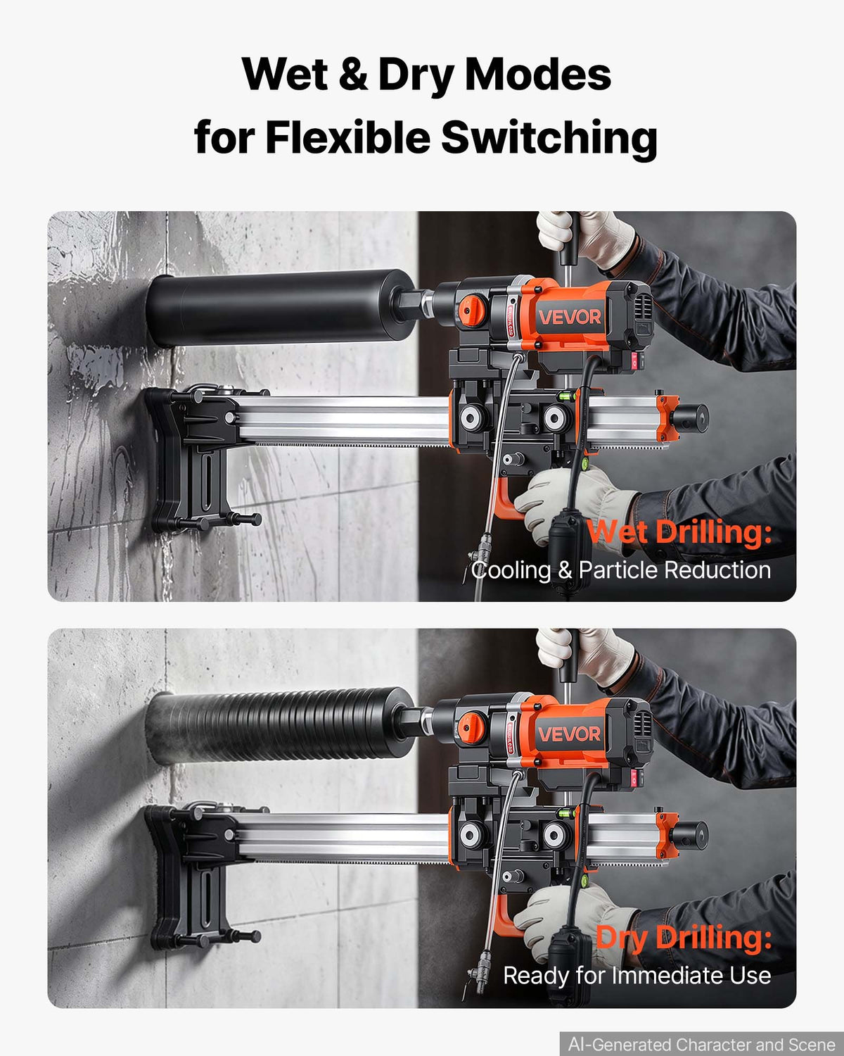 VEVOR Diamond Core Drilling Machine 8 Drill Bits 25-202mm Drilling Capacity, Dry & Wet Drilling, Brushless Core Drill Rig with Stand, 2500W 810RPM/1340RPM, UNC1 1/4–7 Thread for Concrete Brick Stone