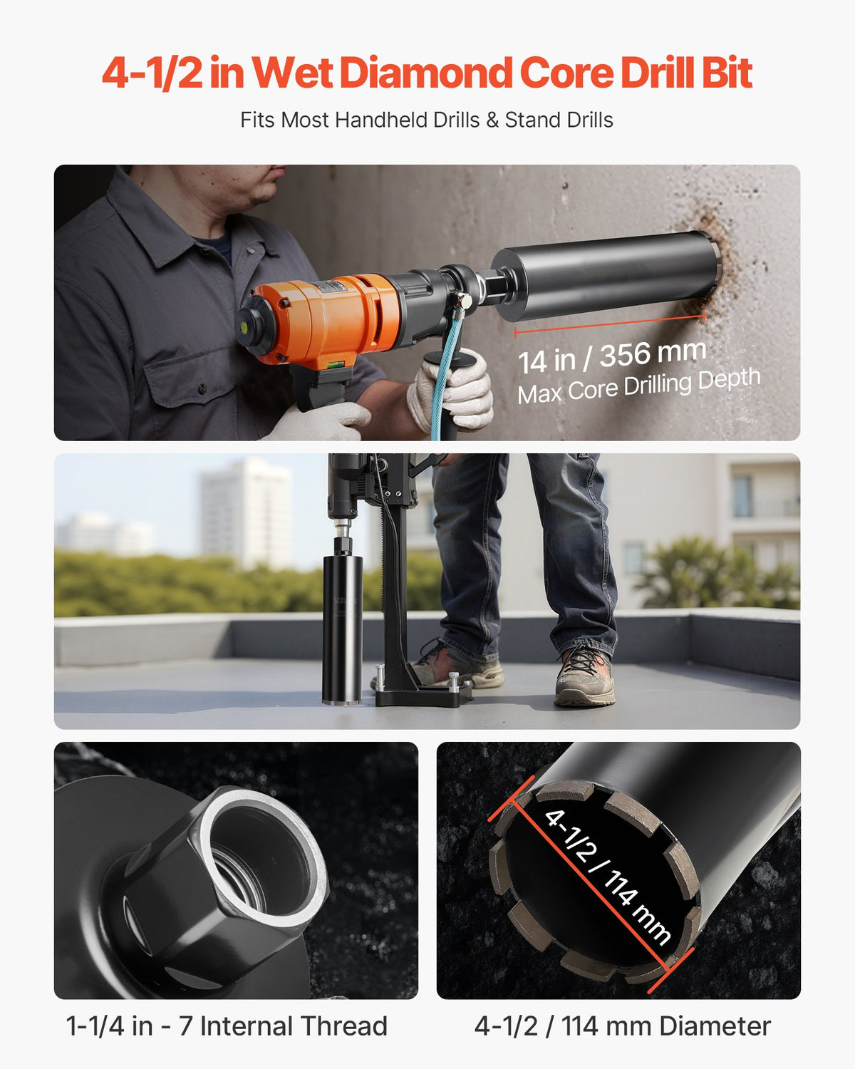 VEVOR Core Drill Bit, 114 mm Diameter, 356 mm Drilling Depth, 1-1/4 in-7 Internal Thread, High-Precision Welding Technology, Wet Diamond Core Bit for Reinforced Concrete, Red Bricks, and Masonry