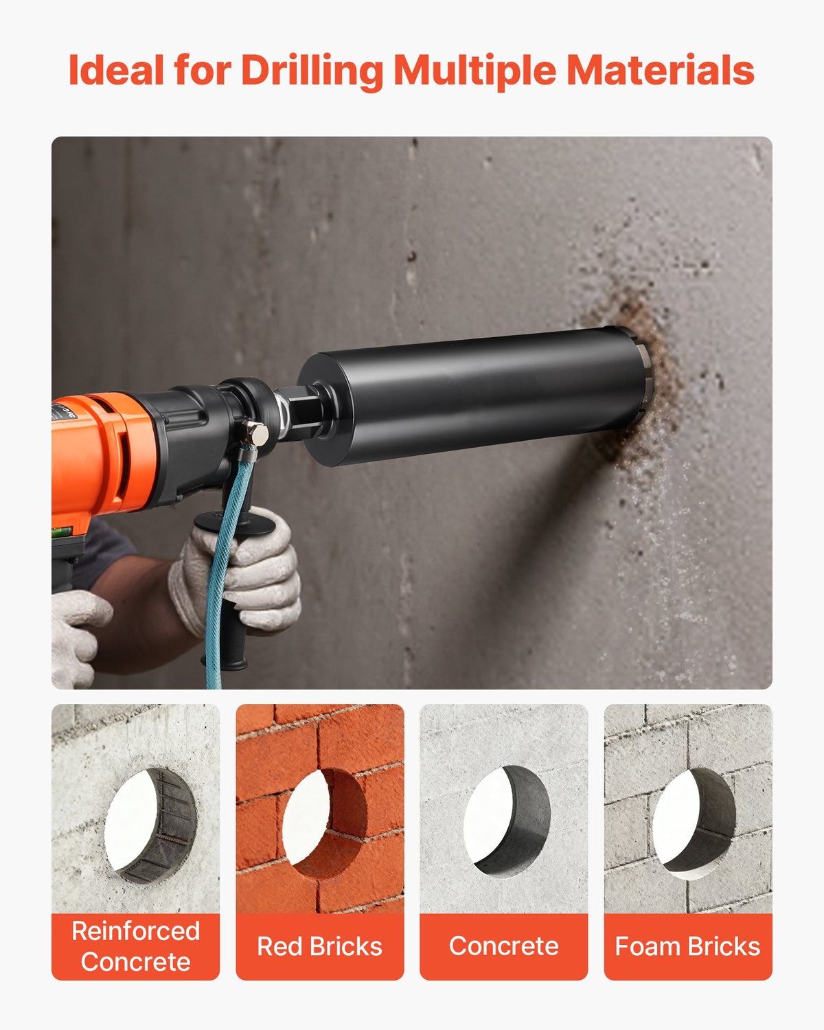 VEVOR Core Drill Bit, 114 mm Diameter, 356 mm Drilling Depth, 1-1/4 in-7 Internal Thread, High-Precision Welding Technology, Wet Diamond Core Bit for Reinforced Concrete, Red Bricks, and Masonry