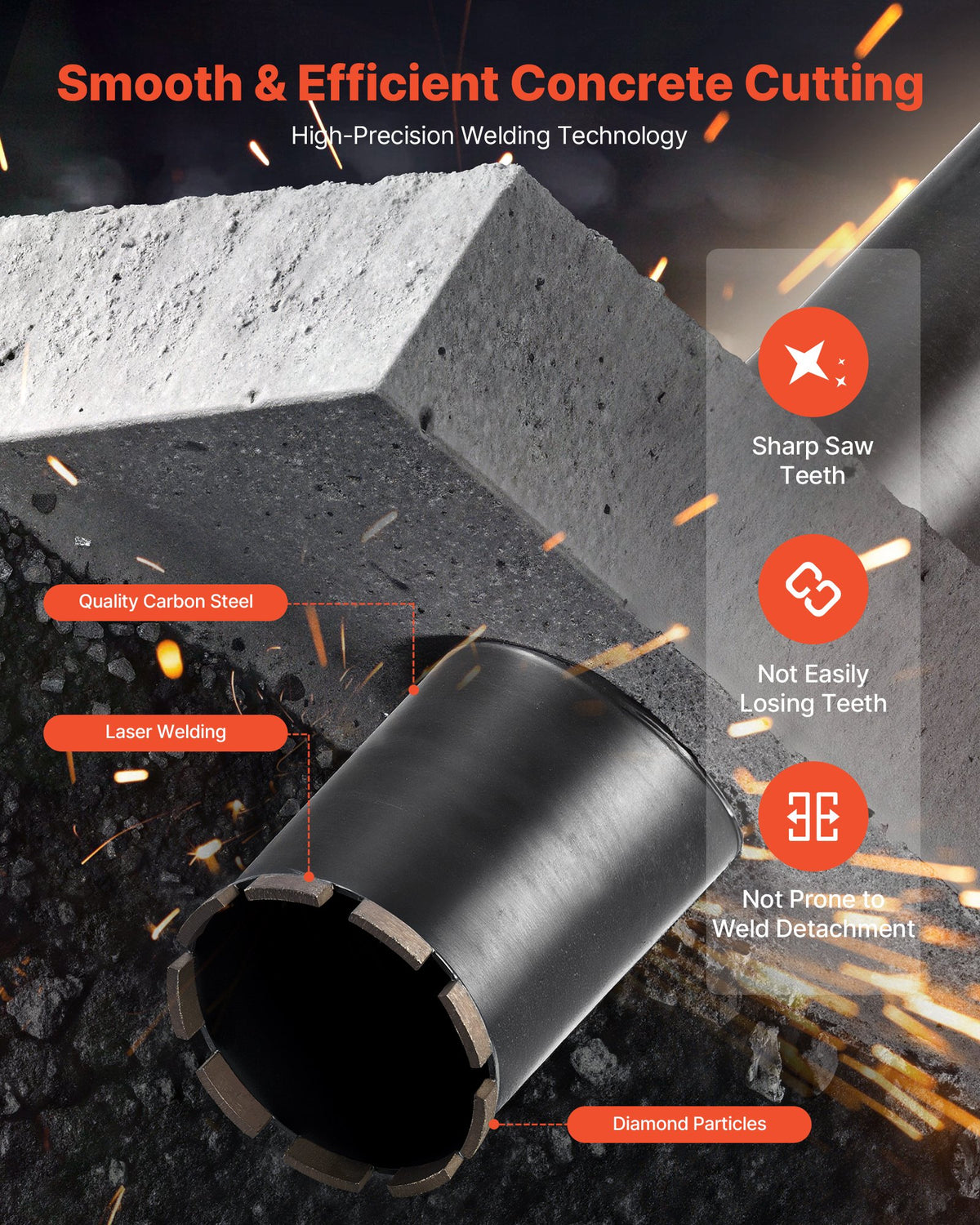 VEVOR Core Drill Bit, 114 mm Diameter, 356 mm Drilling Depth, 1-1/4 in-7 Internal Thread, High-Precision Welding Technology, Wet Diamond Core Bit for Reinforced Concrete, Red Bricks, and Masonry
