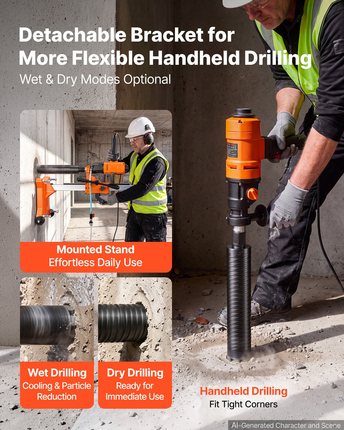 VEVOR Diamond Core Drilling Machine, Max 200mm Drilling Capacity, 2-in-1 Handheld/Stand-Mount Dry and Wet Concrete Core Drill Rig with 4 Drill Bits, Rolling Wheeled Base, 1500W 2-Speed 1000/2300RPM