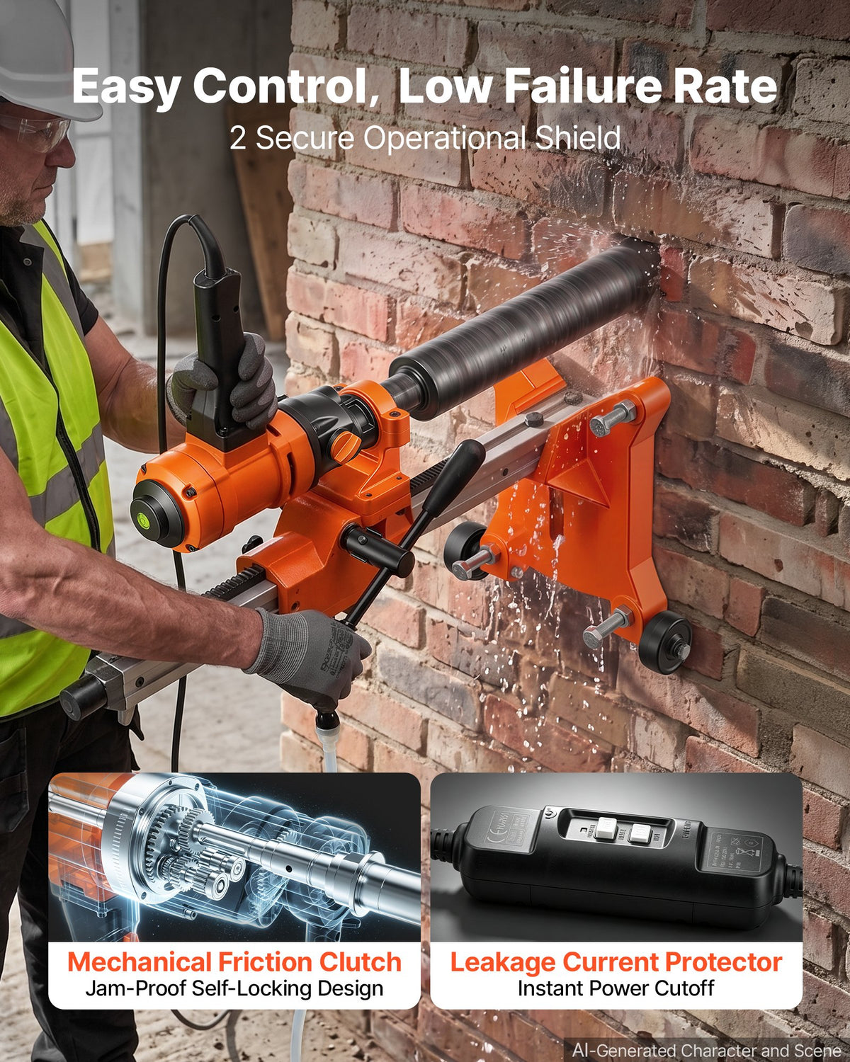 VEVOR Diamond Core Drilling Machine, Max 200mm Drilling Capacity, 2-in-1 Handheld/Stand-Mount Dry and Wet Concrete Core Drill Rig with 4 Drill Bits, Rolling Wheeled Base, 1500W 2-Speed 1000/2300RPM