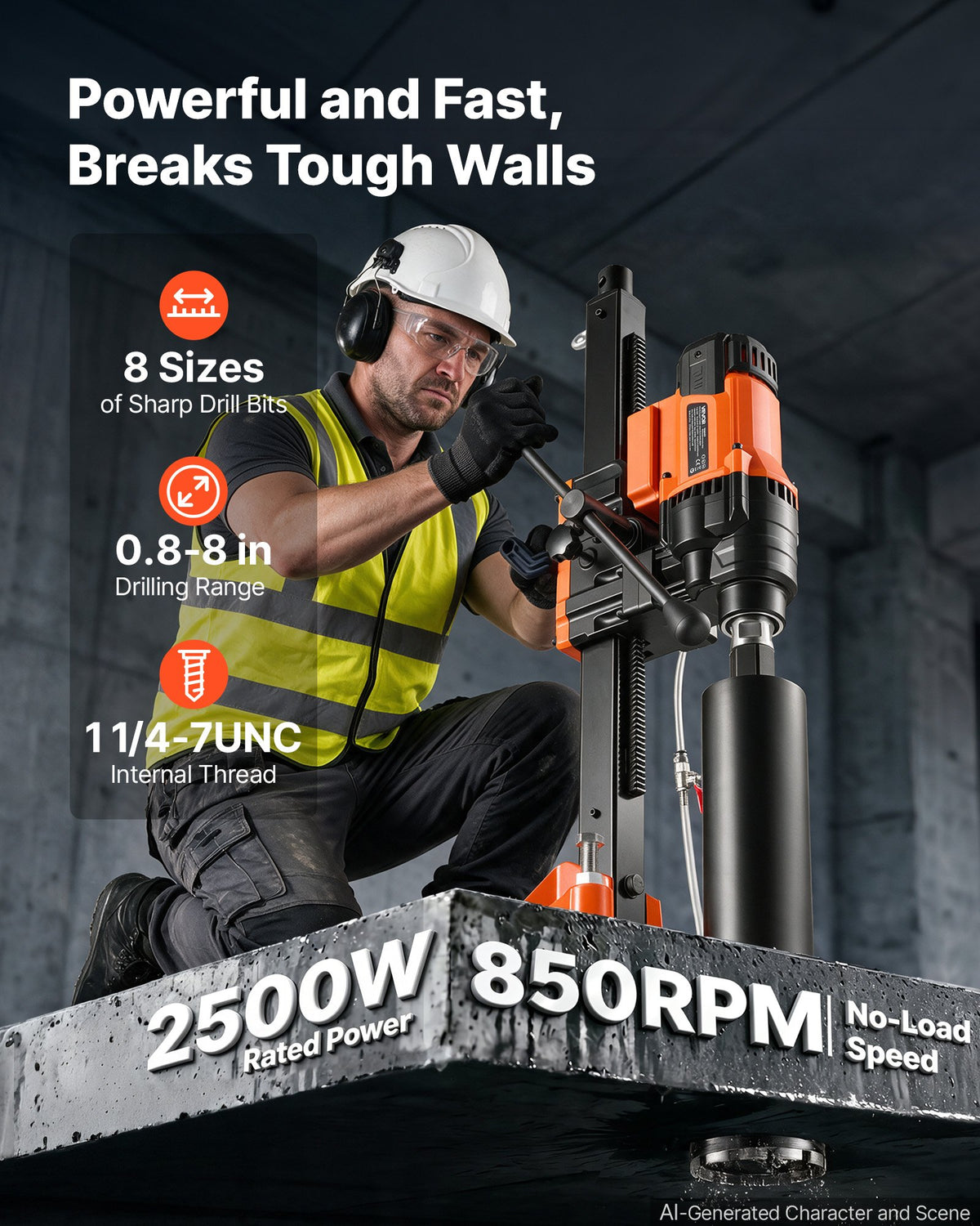 VEVOR Diamond Core Drilling Machine, 20-202mm Drilling Diameter, Rolling Dry and Wet Concrete Core Drill Rig with 8 Drill Bits & Wheeled Stand, 2500W (Max 3500W), 850 RPM Speed, UNC1 1/4–7 Thread