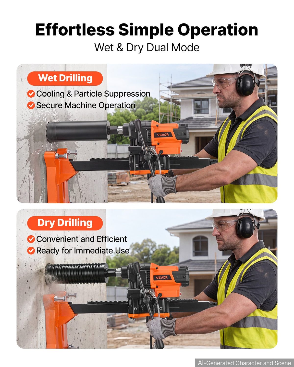 VEVOR Diamond Core Drilling Machine, 20-202mm Drilling Diameter, Rolling Dry and Wet Concrete Core Drill Rig with 8 Drill Bits & Wheeled Stand, 2500W (Max 3500W), 850 RPM Speed, UNC1 1/4–7 Thread