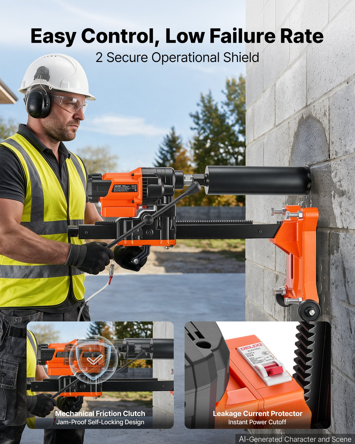 VEVOR Diamond Core Drilling Machine, 20-202mm Drilling Diameter, Rolling Dry and Wet Concrete Core Drill Rig with 8 Drill Bits & Wheeled Stand, 2500W (Max 3500W), 850 RPM Speed, UNC1 1/4–7 Thread