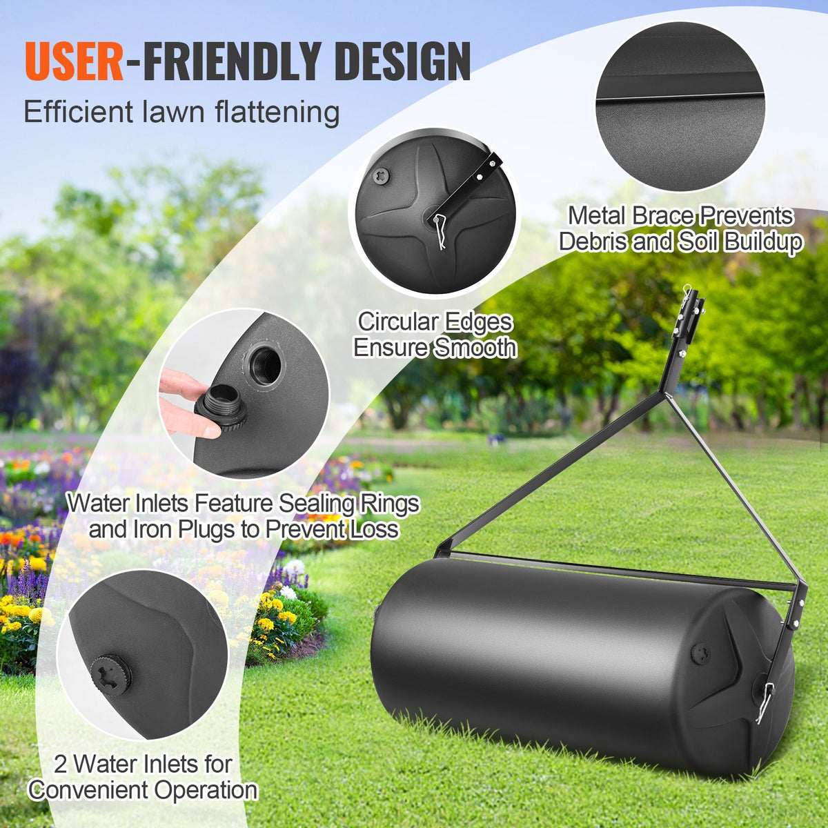 VEVOR Tow Behind Lawn Roller, 400lbs Sand/Water Filled Yard Roller, LLDPE Drum and Steel Frame Sod Roller with Easy-turn Plug, Tow Behind a Tractor or ATV for Lawn, Garden, Farm, Park, Black