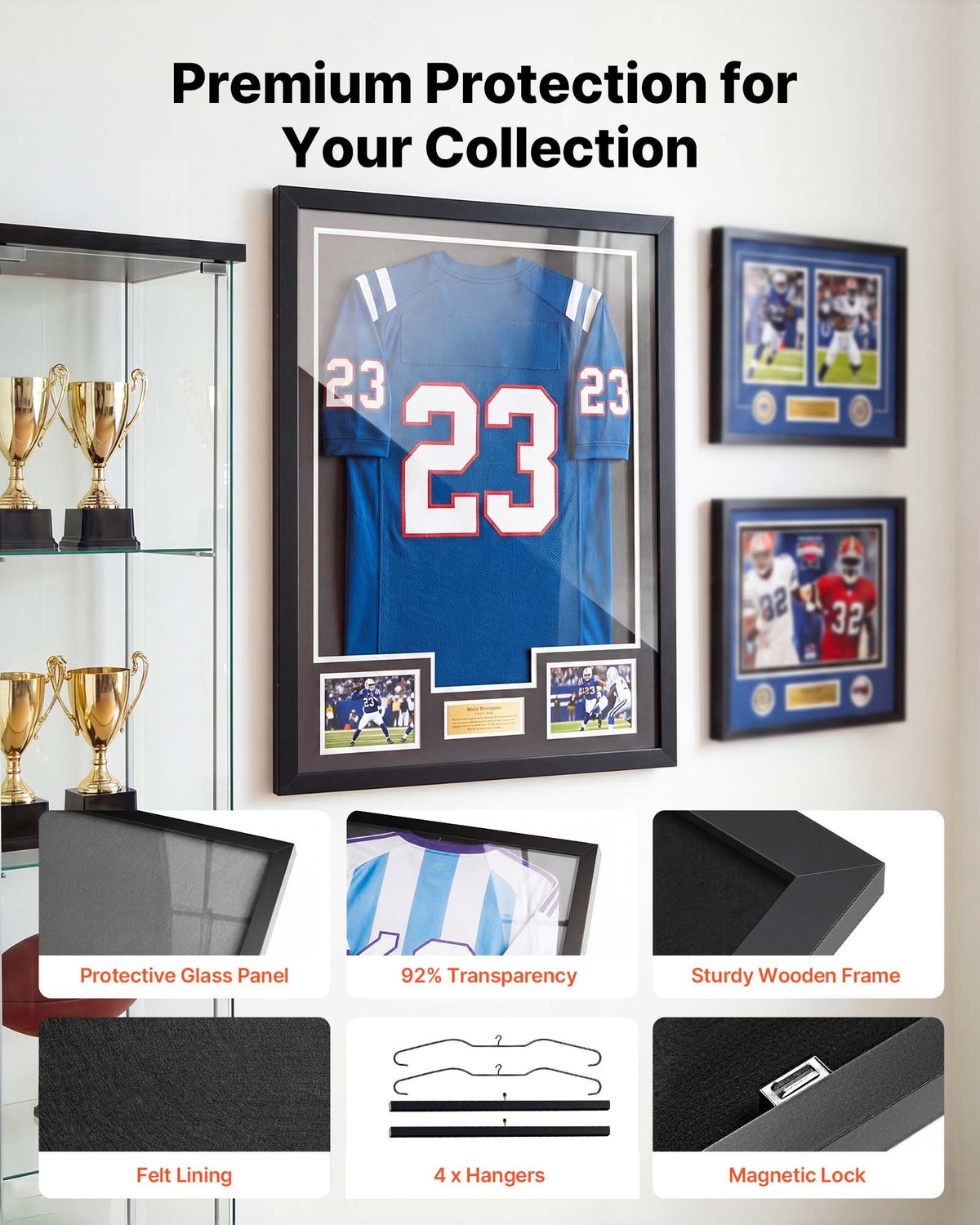 VEVOR Jersey Frame Display Case, 79.5x 59x 4 cm, Wooden Sport Jersey Shadow Box with 98% UV Protection PC Panel and Hanger, Magnetic Lock, for Baseball Basketball Football Hockey Shirt Uniform, 2 Pack