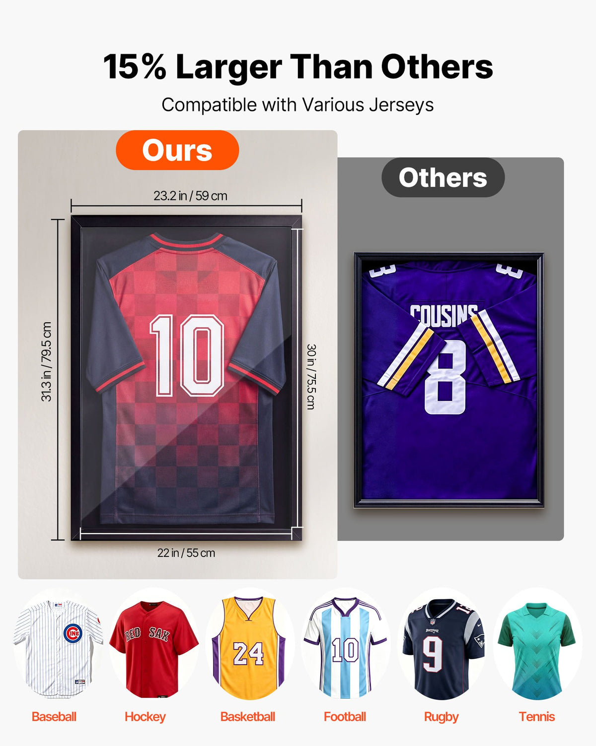 VEVOR Jersey Frame Display Case, 79.5x 59x 4 cm, Wooden Sport Jersey Shadow Box with 98% UV Protection PC Panel and Hanger, Magnetic Lock, for Baseball Basketball Football Hockey Shirt Uniform, 2 Pack