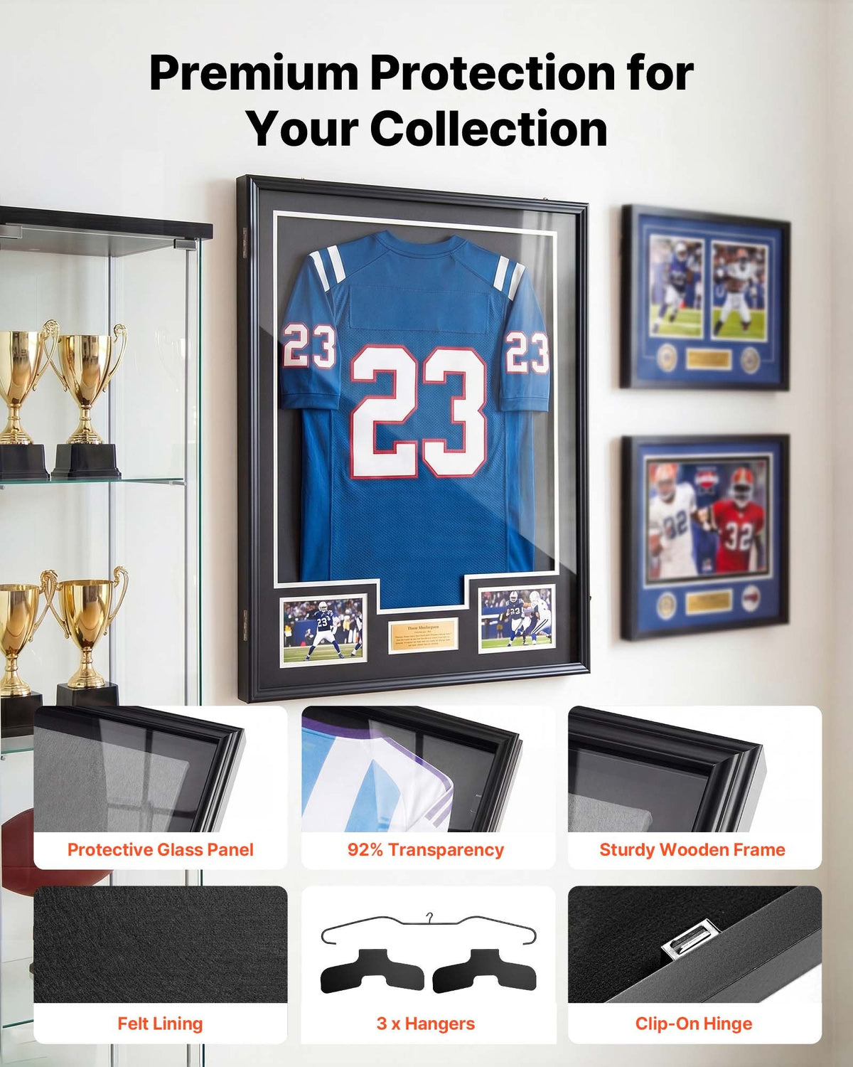 VEVOR Jersey Frame Display Case, 92.5 x 71.8 x 4 cm, Wooden Sport Jersey Shadow Box with 98% UV Protection PC Panel and Hanger, Magnetic Lock, for Baseball Basketball Football Hockey Shirt Uniform