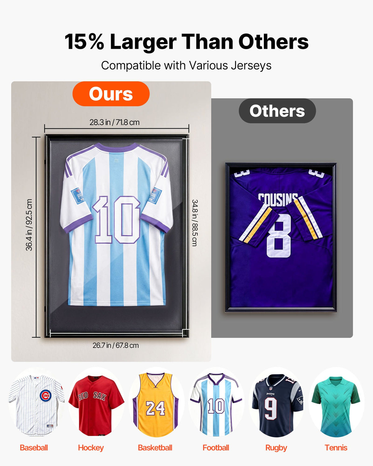 VEVOR Jersey Frame Display Case, 92.5 x 71.8 x 4 cm, Wooden Sport Jersey Shadow Box with 98% UV Protection PC Panel and Hanger, Magnetic Lock, for Baseball Basketball Football Hockey Shirt Uniform