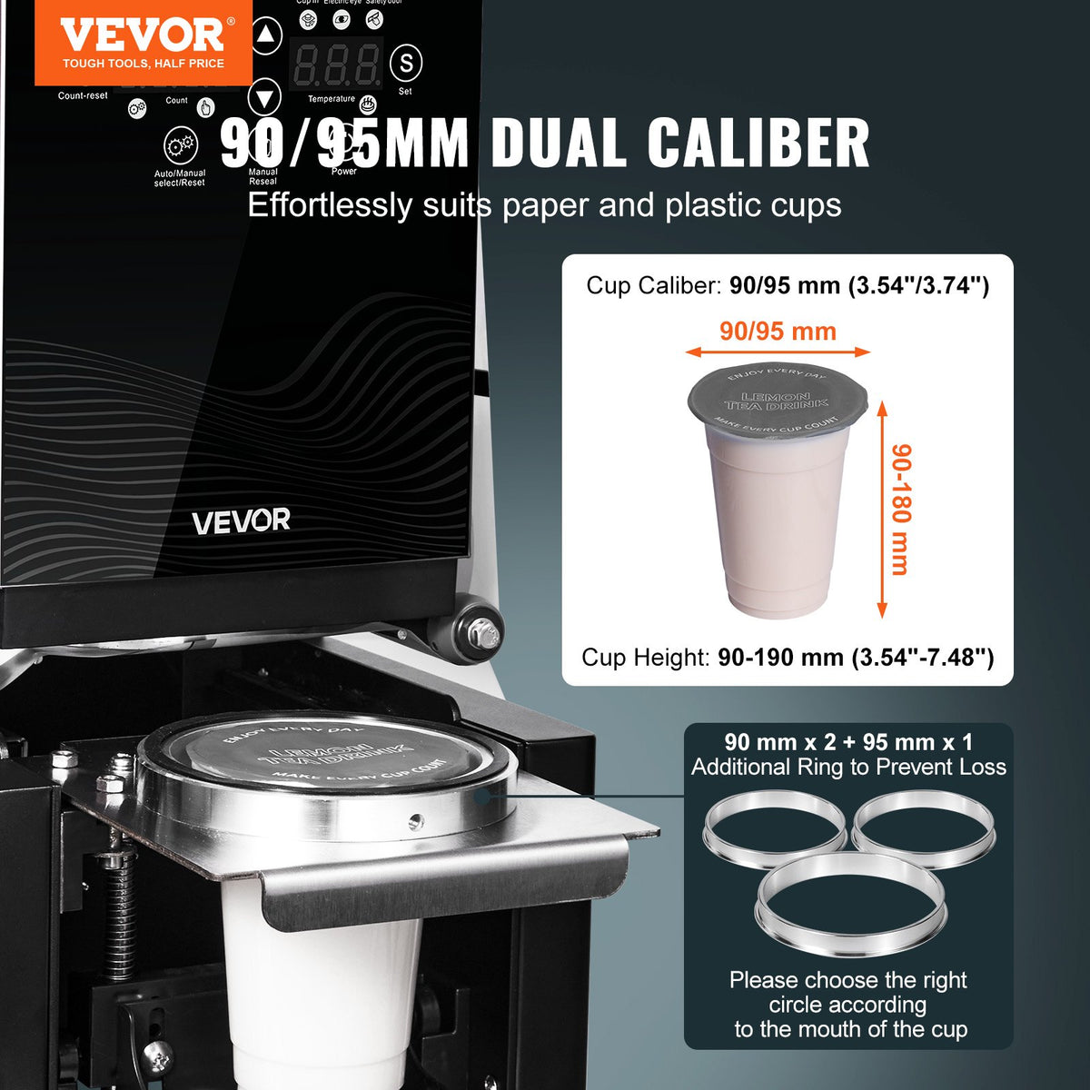 VEVOR Fully Automatic Cup Sealing Machine, 500-650 Cups/H, Cup Sealer Machine for 190 mm Tall & 90/95 mm Cup, Electric Boba Tea Sealer with Digital Control LCD Panel for Bubble Milk Tea Coffee, Black