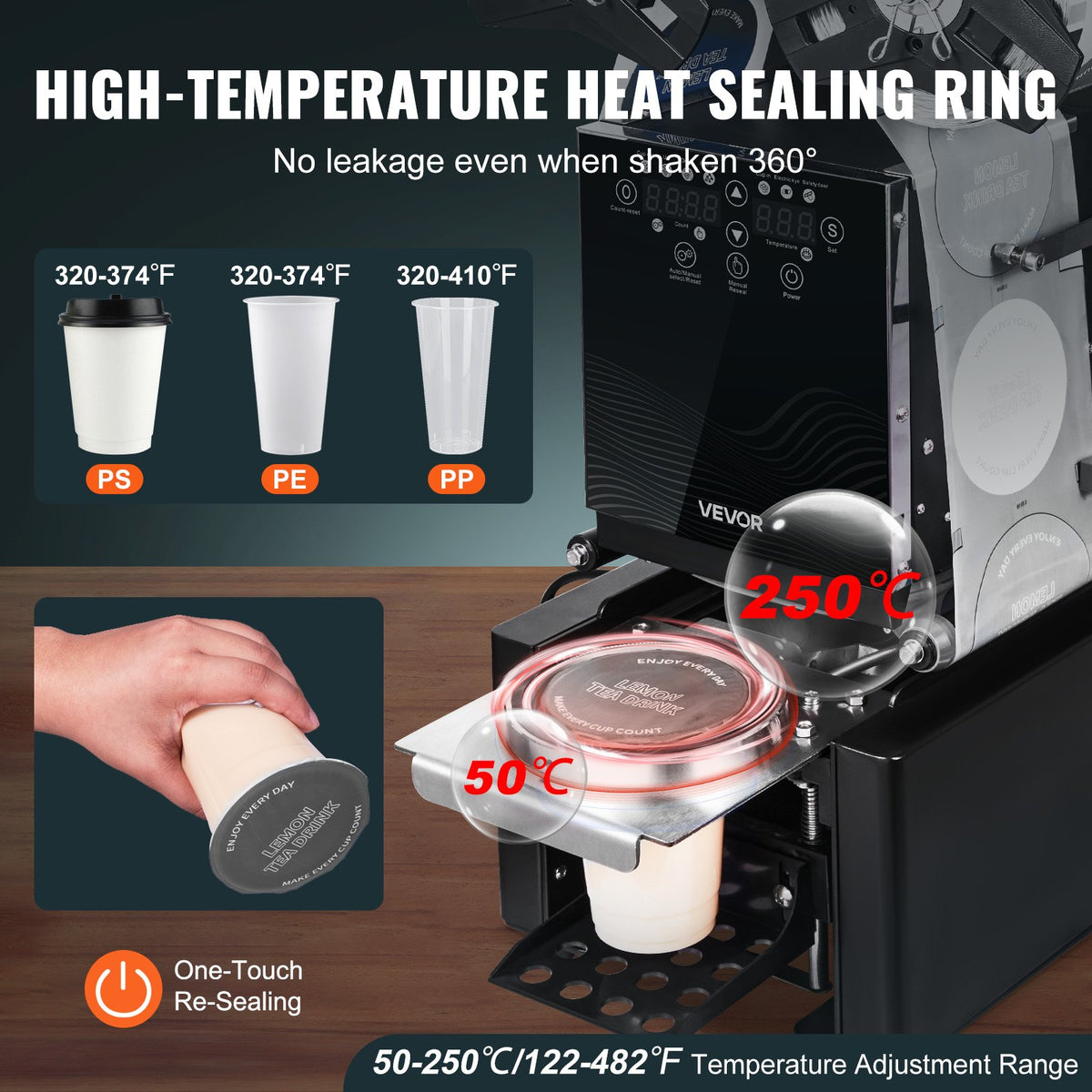 VEVOR Fully Automatic Cup Sealing Machine, 500-650 Cups/H, Cup Sealer Machine for 190 mm Tall & 90/95 mm Cup, Electric Boba Tea Sealer with Digital Control LCD Panel for Bubble Milk Tea Coffee, Black