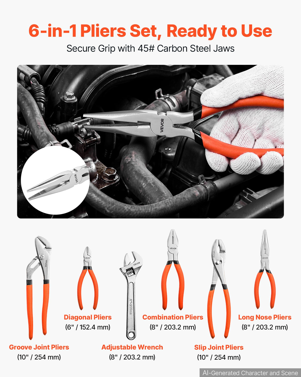 VEVOR Pliers and Wrench Set 6-Piece Utility Set Polished Carbon Steel Jaw, Hand Tools for DIY & Home Use, Groove Joint, Slip Joint, Long Nose, Combination, Diagonal Pliers, Wrench, Ergonomic Handles