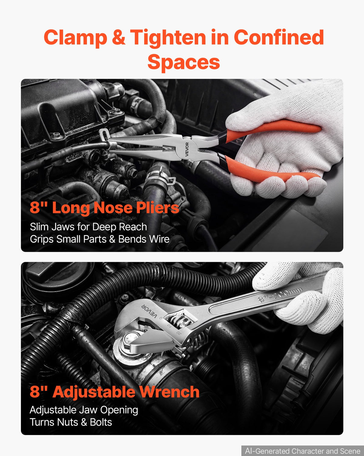 VEVOR Pliers and Wrench Set 6-Piece Utility Set Polished Carbon Steel Jaw, Hand Tools for DIY & Home Use, Groove Joint, Slip Joint, Long Nose, Combination, Diagonal Pliers, Wrench, Ergonomic Handles
