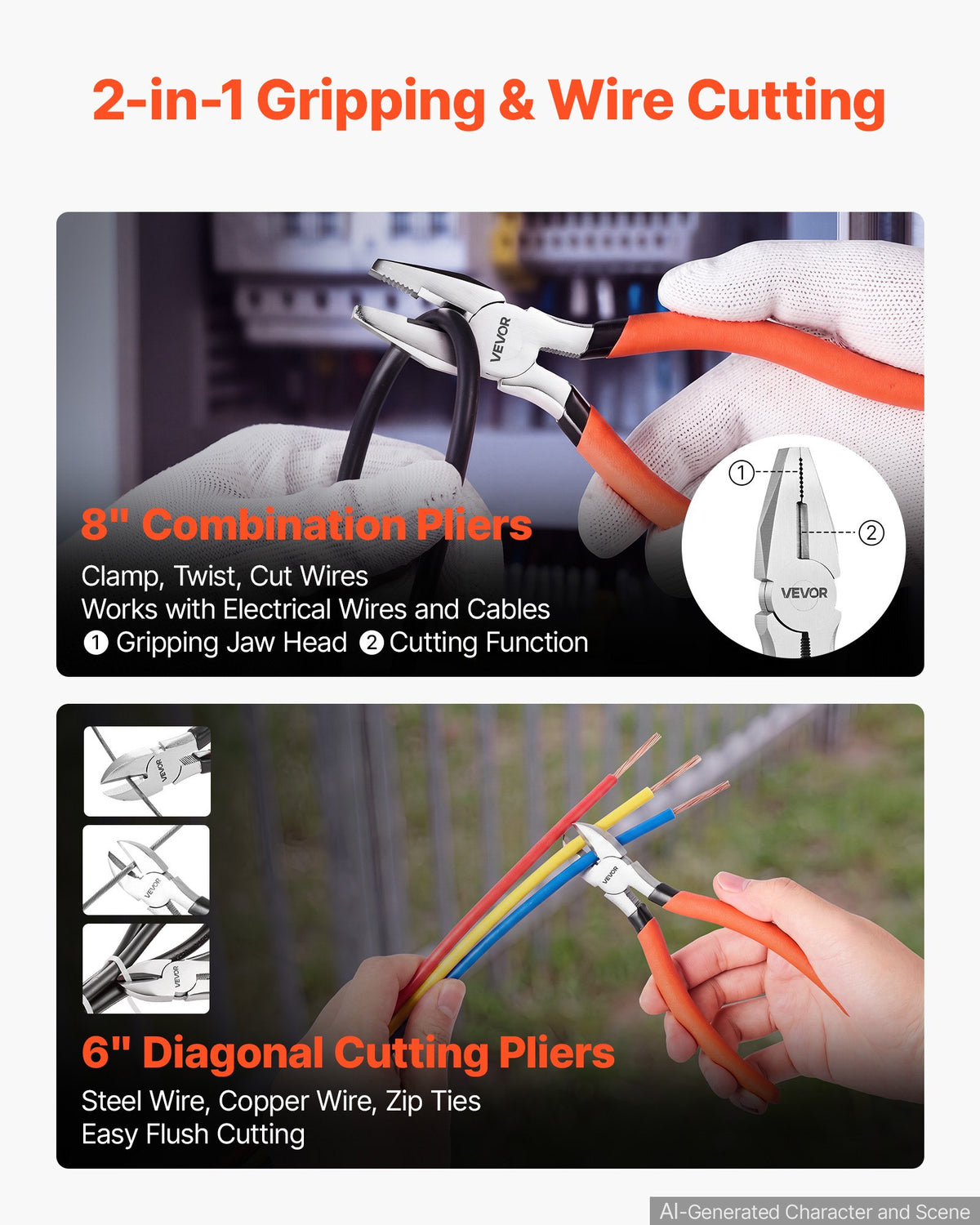 VEVOR Pliers and Wrench Set 6-Piece Utility Set Polished Carbon Steel Jaw, Hand Tools for DIY & Home Use, Groove Joint, Slip Joint, Long Nose, Combination, Diagonal Pliers, Wrench, Ergonomic Handles