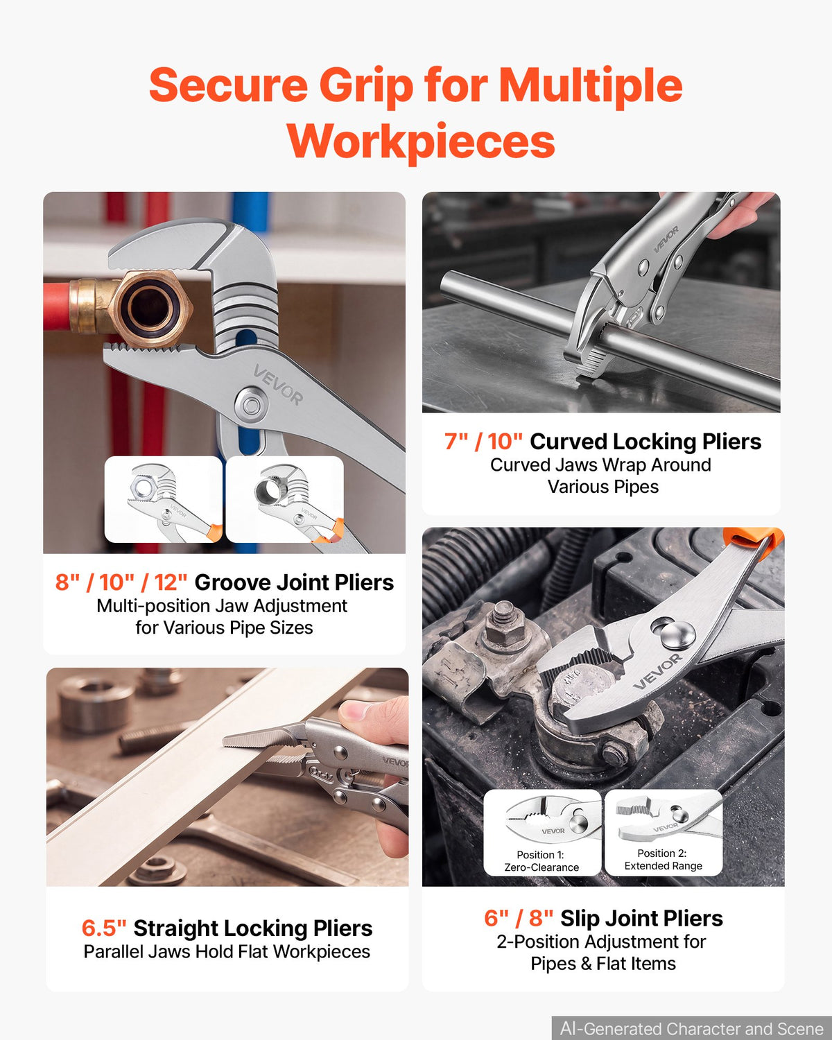VEVOR Pliers Set 20-Piece Utility Set Polished Carbon Steel Jaw Hand Tools, For DIY & Home Use, Long Nose, Locking, Diagonal, Groove Joint, Snap Ring, Slip Joint Pliers, with 2-Pack Organizer Rack