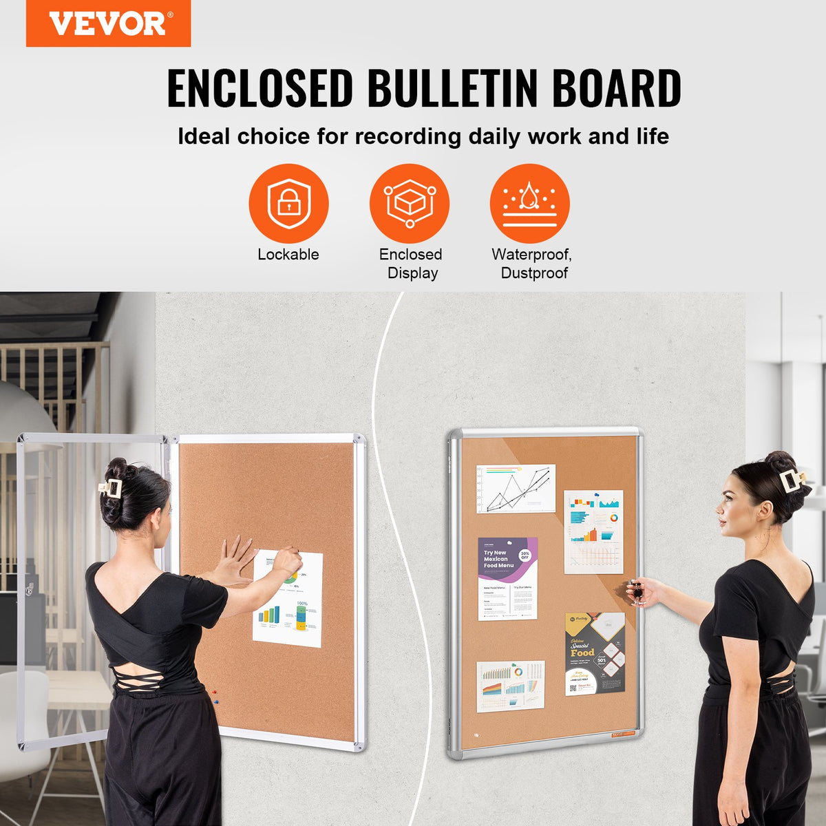 VEVOR 36"x24" Enclosed Cork Board with Aluminum Frame –  Lockable Bulletin Board with Acrylic Door & 2 Keys – Weather-Resistant Wall Display Case for School, Home, Office