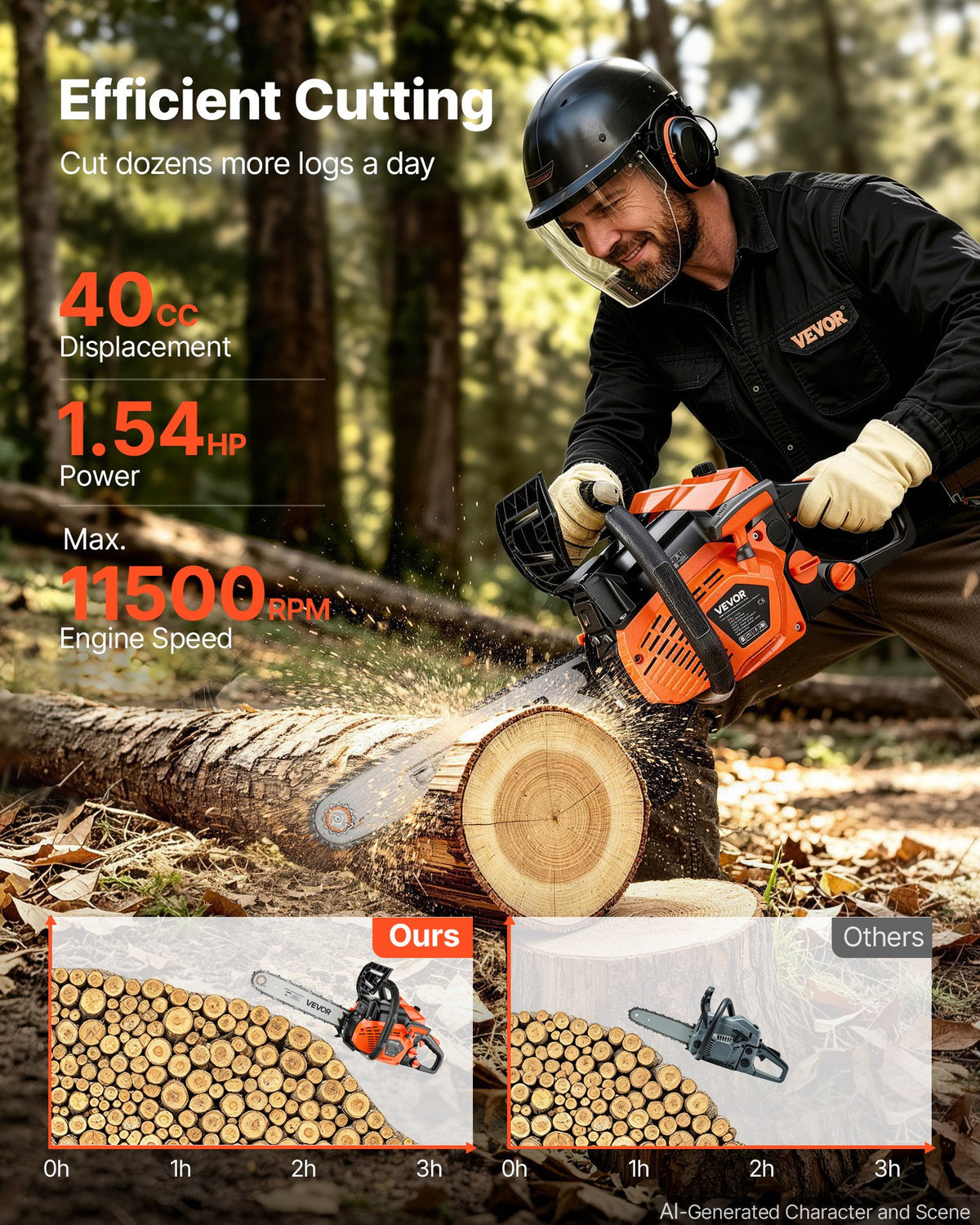 VEVOR Gas Powered Chainsaw 355.6 mm 40CC 1.15kW 2 Stroke Engine Chainsaw, for Wood Cutting, Tree Trimming & Land Clearing, Throttle-Synced Choke, Power Chain Saw with Non-Slip Handle & Dual Tanks