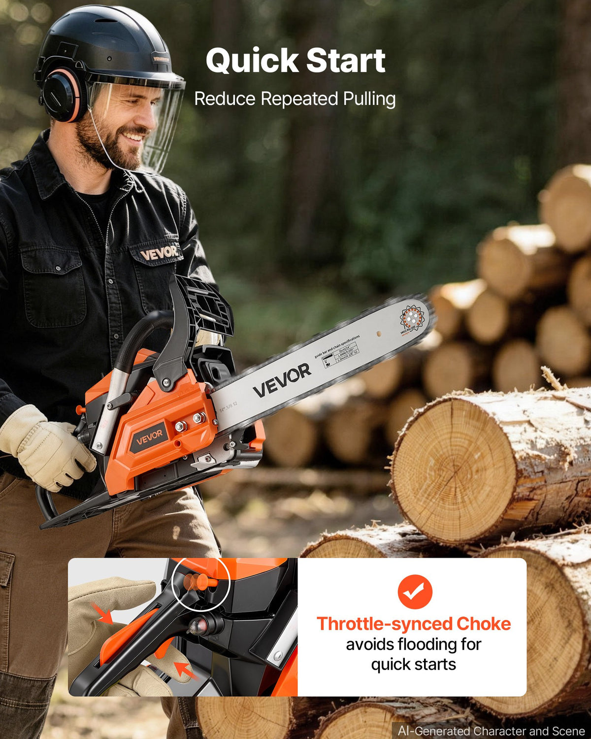 VEVOR Gas Powered Chainsaw 355.6 mm 40CC 1.15kW 2 Stroke Engine Chainsaw, for Wood Cutting, Tree Trimming & Land Clearing, Throttle-Synced Choke, Power Chain Saw with Non-Slip Handle & Dual Tanks