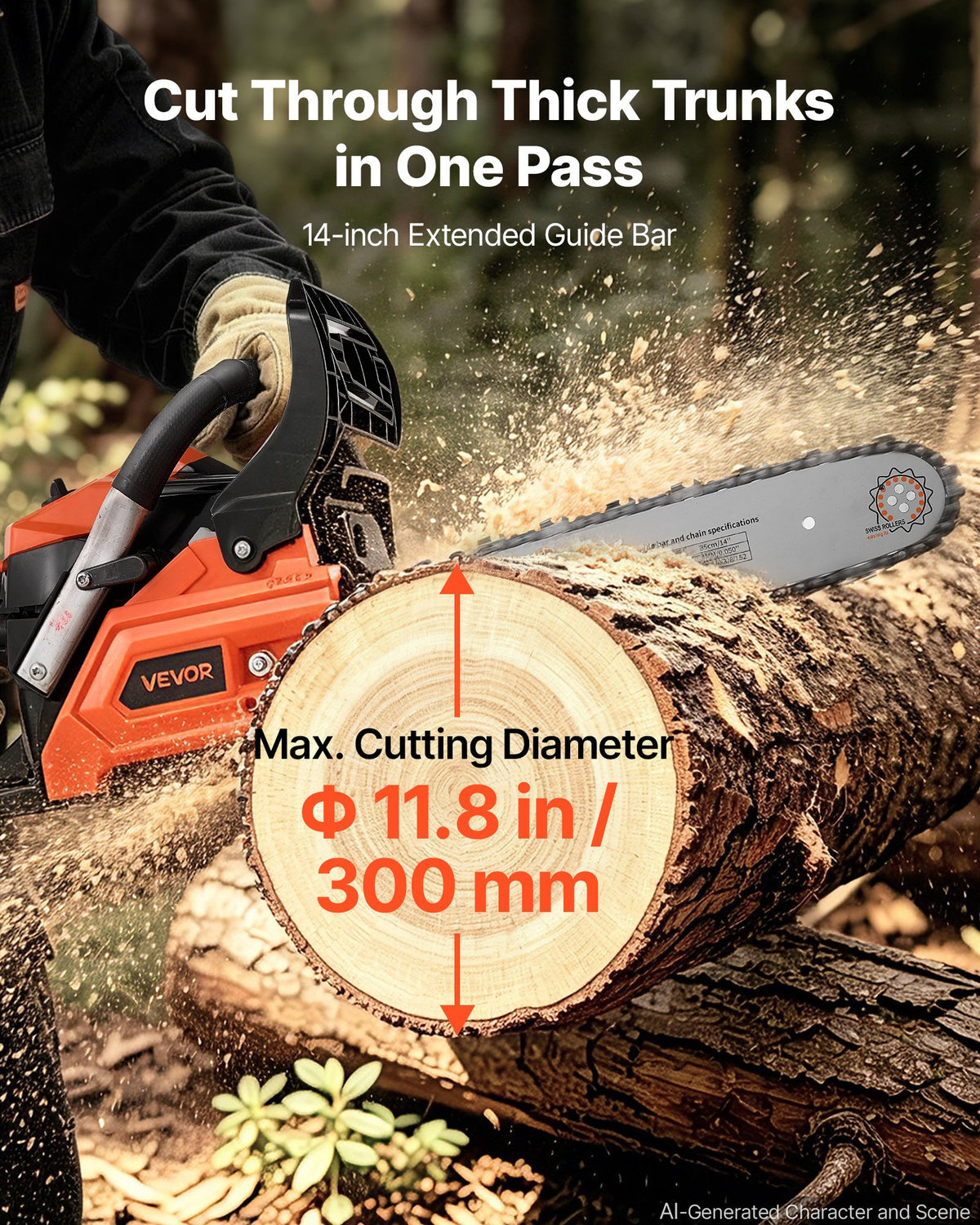 VEVOR Gas Powered Chainsaw 355.6 mm 40CC 1.15kW 2 Stroke Engine Chainsaw, for Wood Cutting, Tree Trimming & Land Clearing, Throttle-Synced Choke, Power Chain Saw with Non-Slip Handle & Dual Tanks