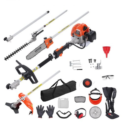 VEVOR 43CC 6-in-1 Multi-Functional Trimming Tools, Gas Hedge Trimmer, Weed Eater, String Trimmer, Brush Cutter, Edger, Pole Saw Chainsaw Pruner with Extension Pole