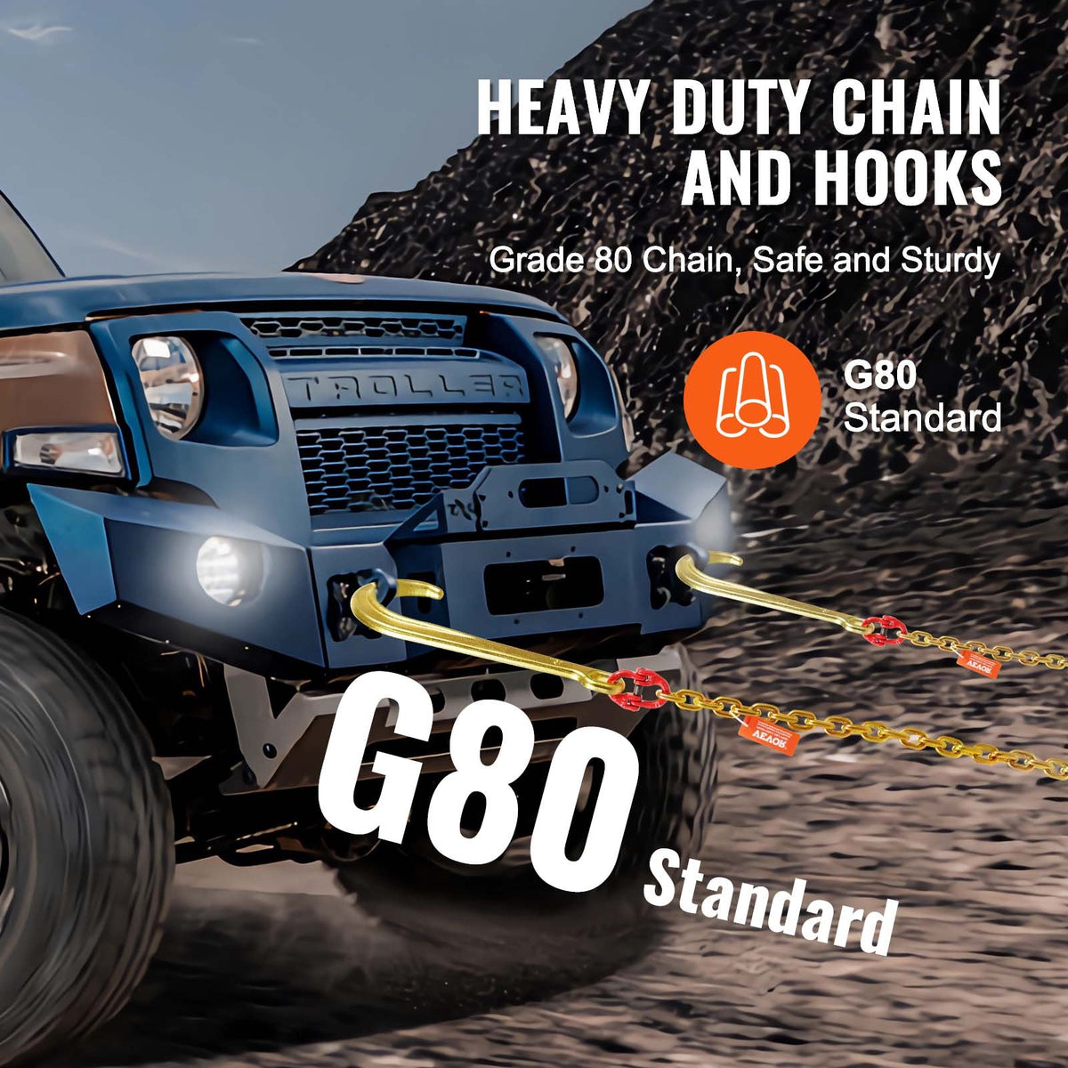 VEVOR J Hook Chain, 2PCS 5/16" x 6' G80 15" Long Shank J Hook Tow Chain with RTJ Cluster Hook & Grab Hook, 5400 lbs Working Load, Heavy Duty Transport Truck Chain for Wrecker Recovery Trailer Towing